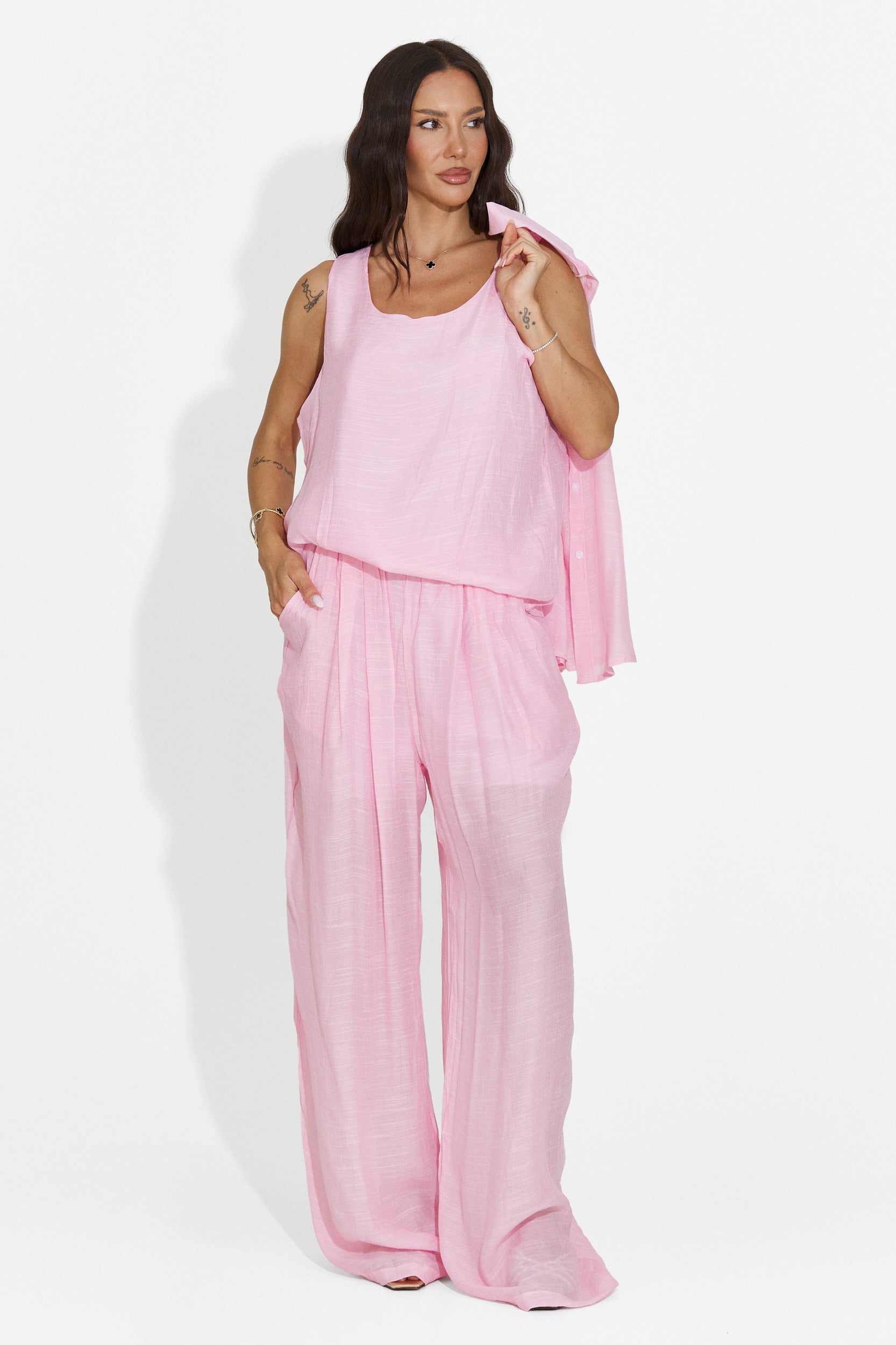 Compleu dama camasa + pantaloni + maiou roz Mivya Bogas