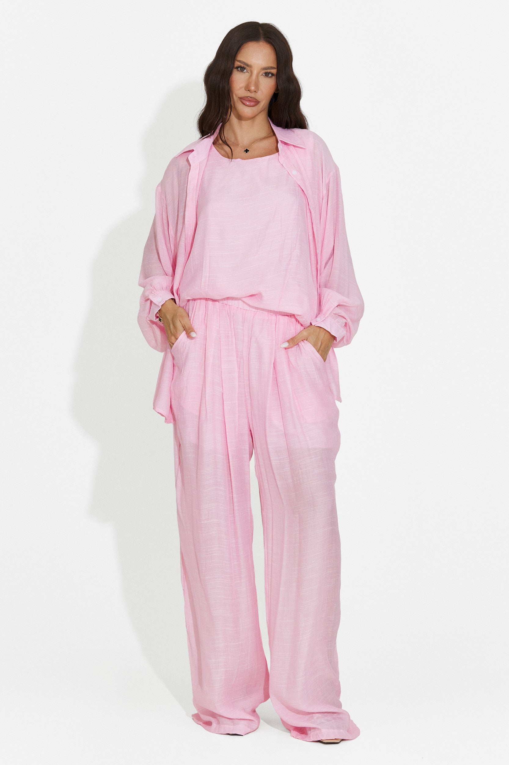 Compleu dama camasa + pantaloni + maiou roz Mivya Bogas