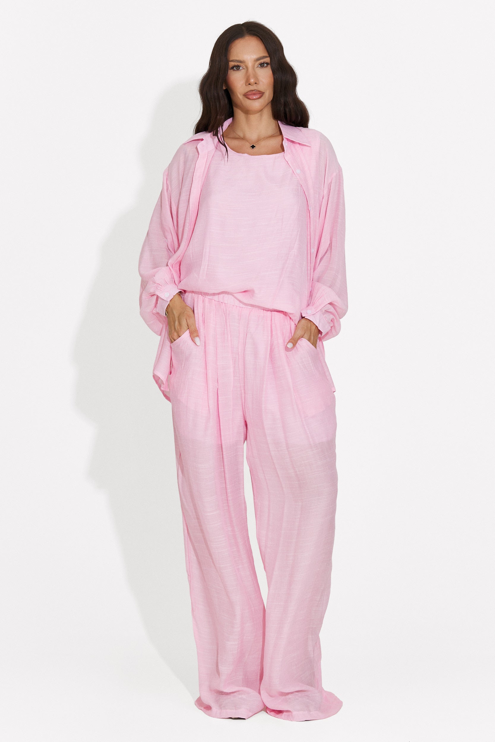 Compleu dama camasa + pantaloni + maiou roz Mivya Bogas
