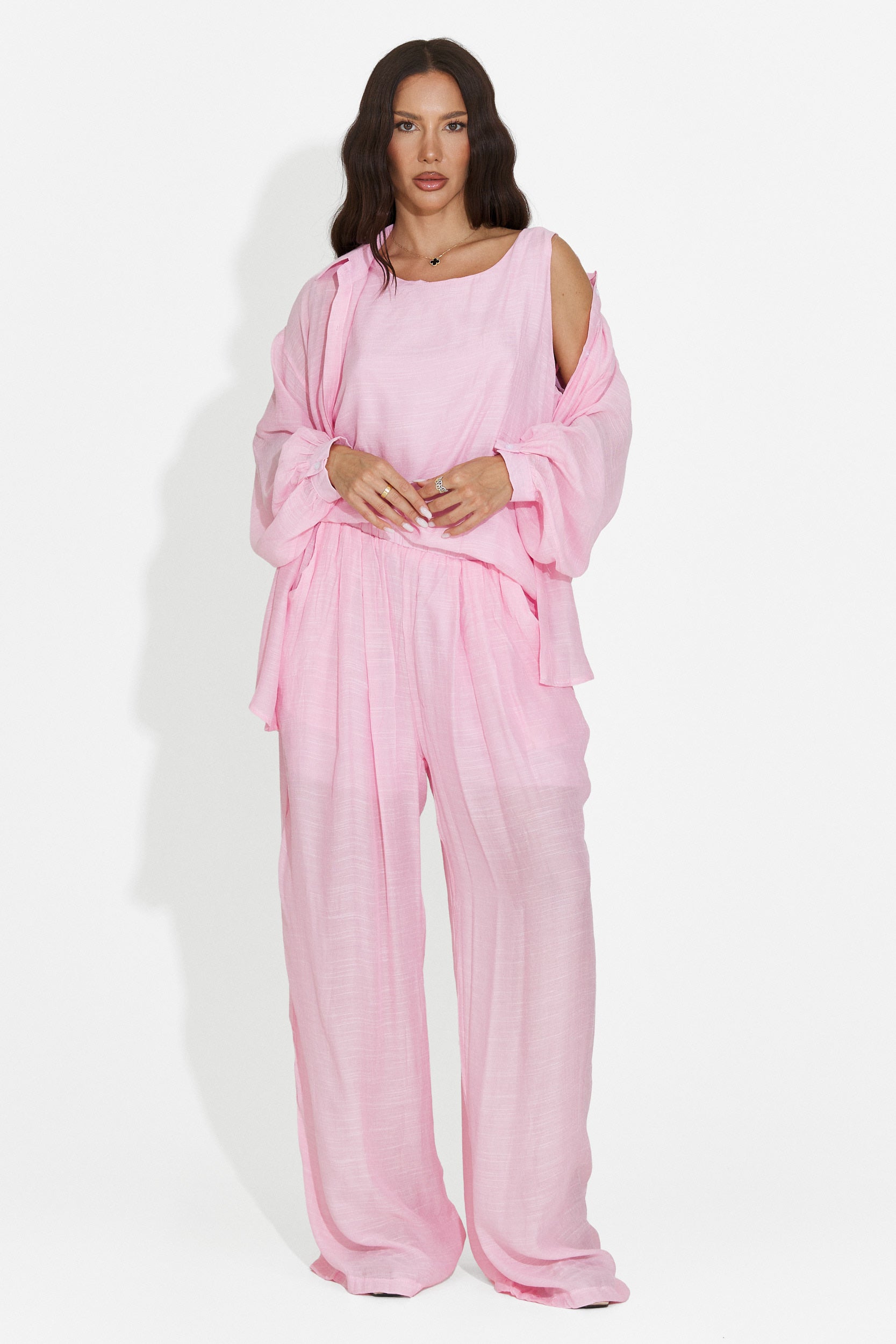 Compleu dama camasa + pantaloni + maiou roz Mivya Bogas