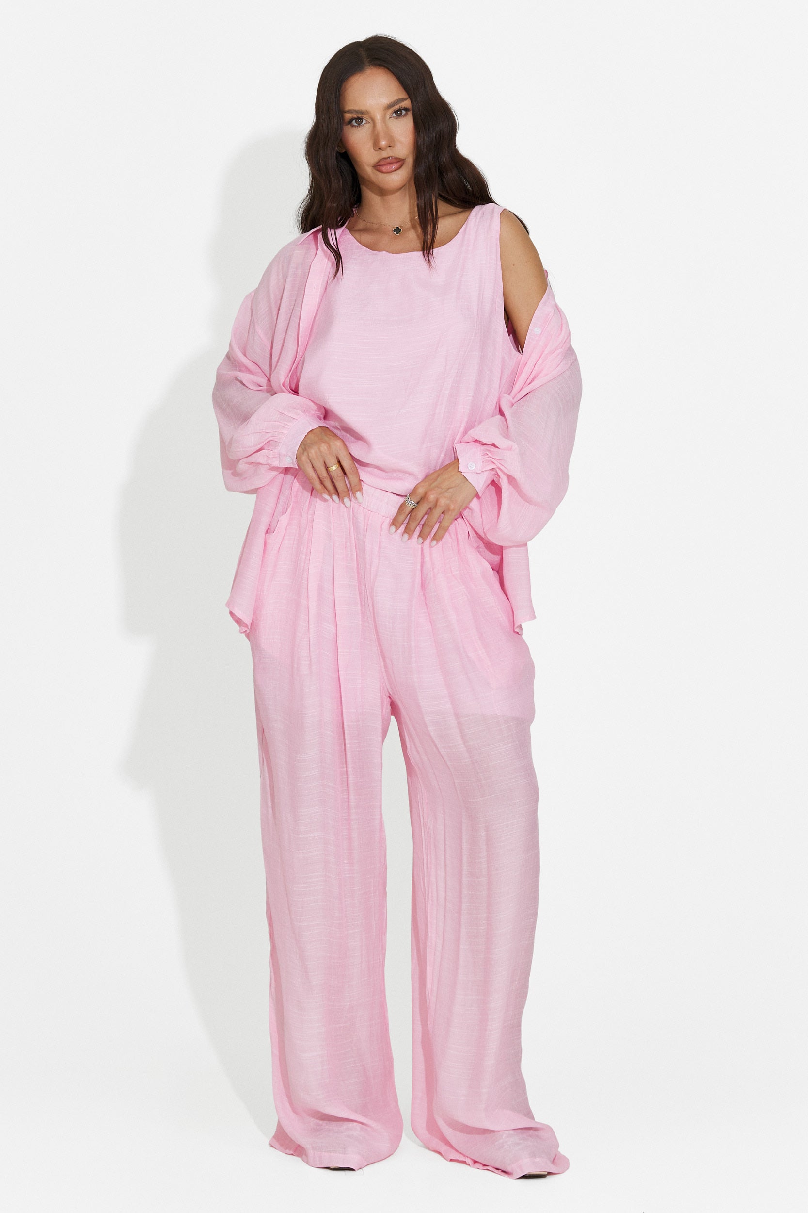 Compleu dama camasa + pantaloni + maiou roz Mivya Bogas