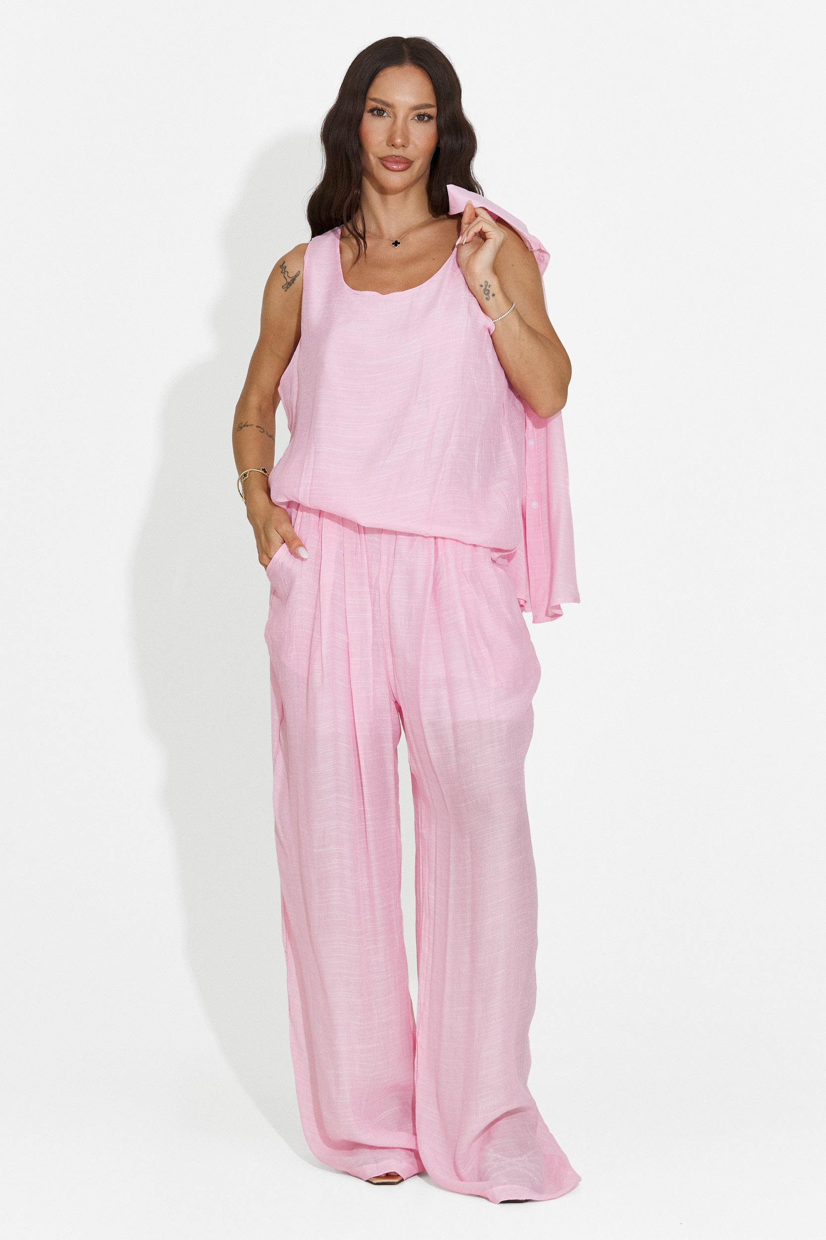 Compleu dama camasa + pantaloni + maiou roz Mivya Bogas