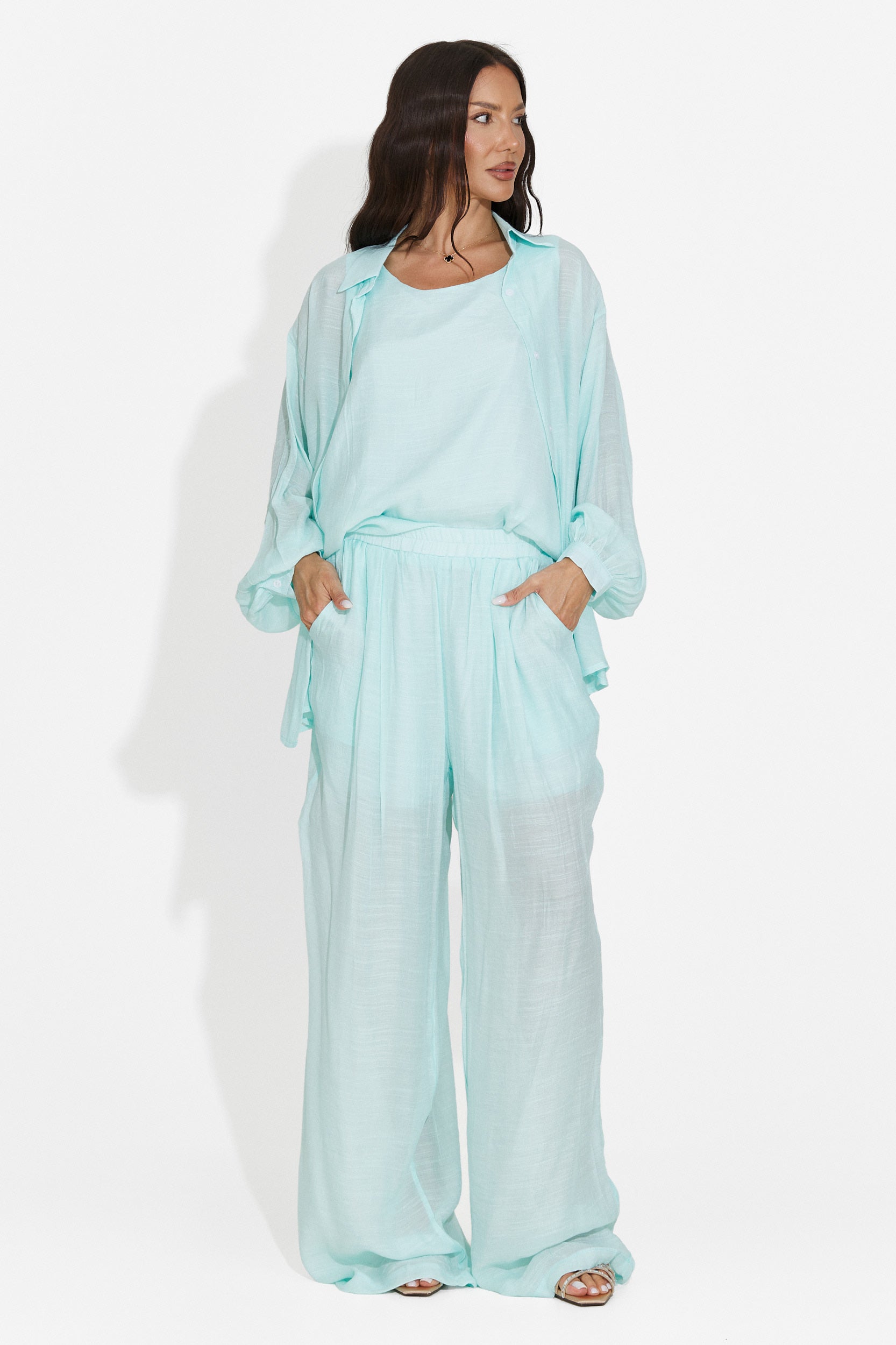 Compleu dama camasa + pantaloni + maiou turcoaz Mivya Bogas