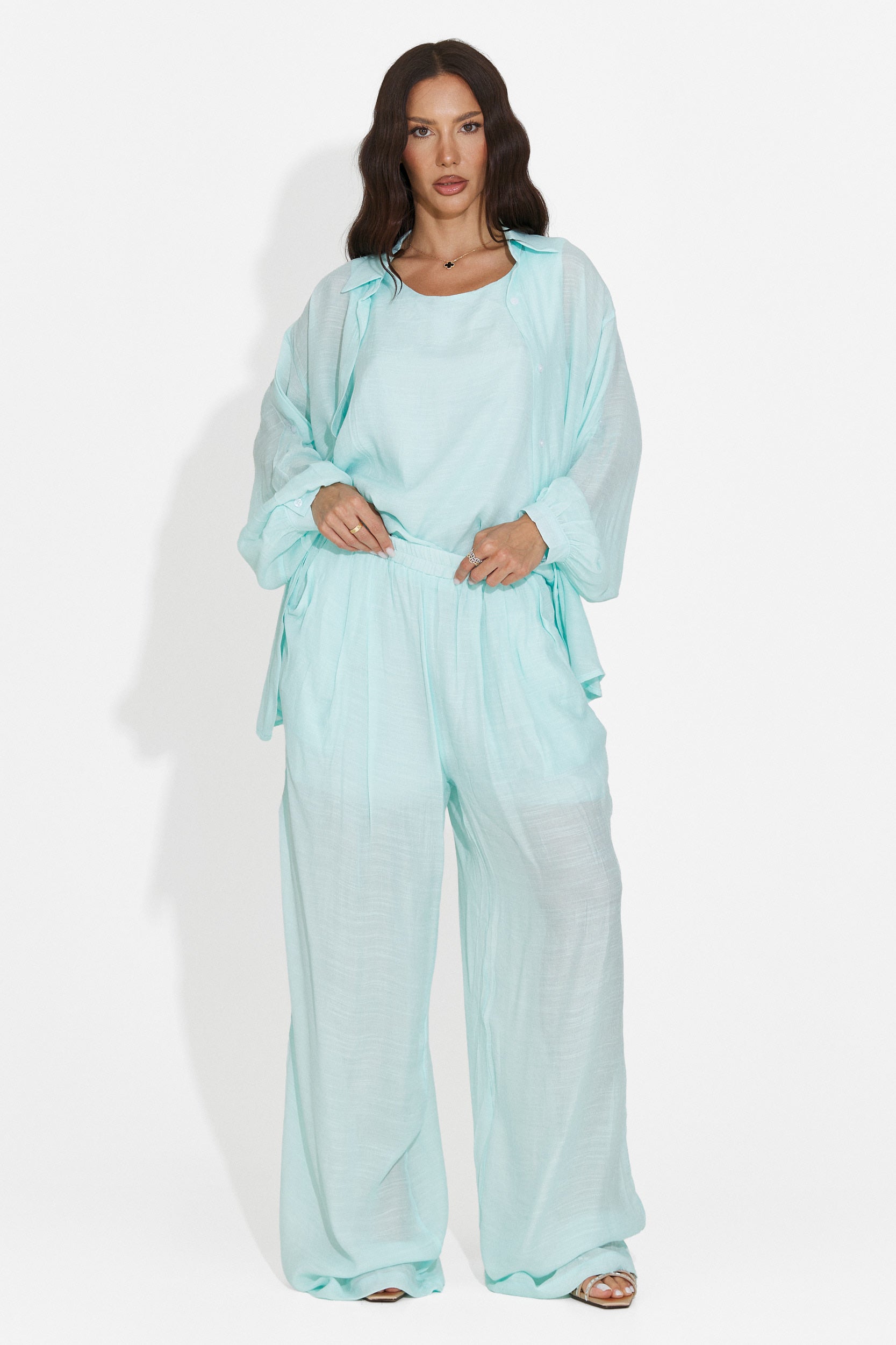 Compleu dama camasa + pantaloni + maiou turcoaz Mivya Bogas