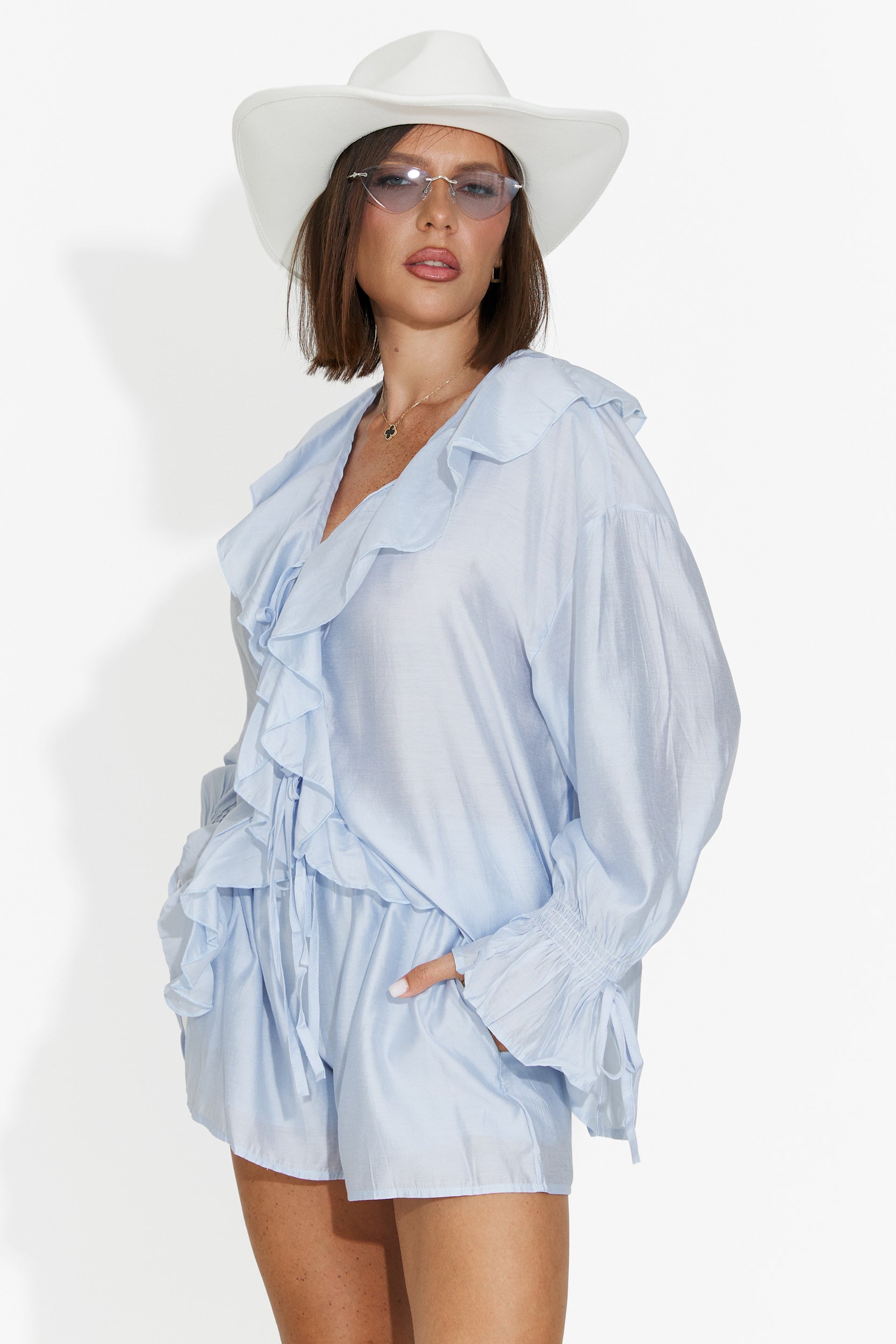 Compleu dama camasa + pantaloni scurti bleu Melioria Bogas