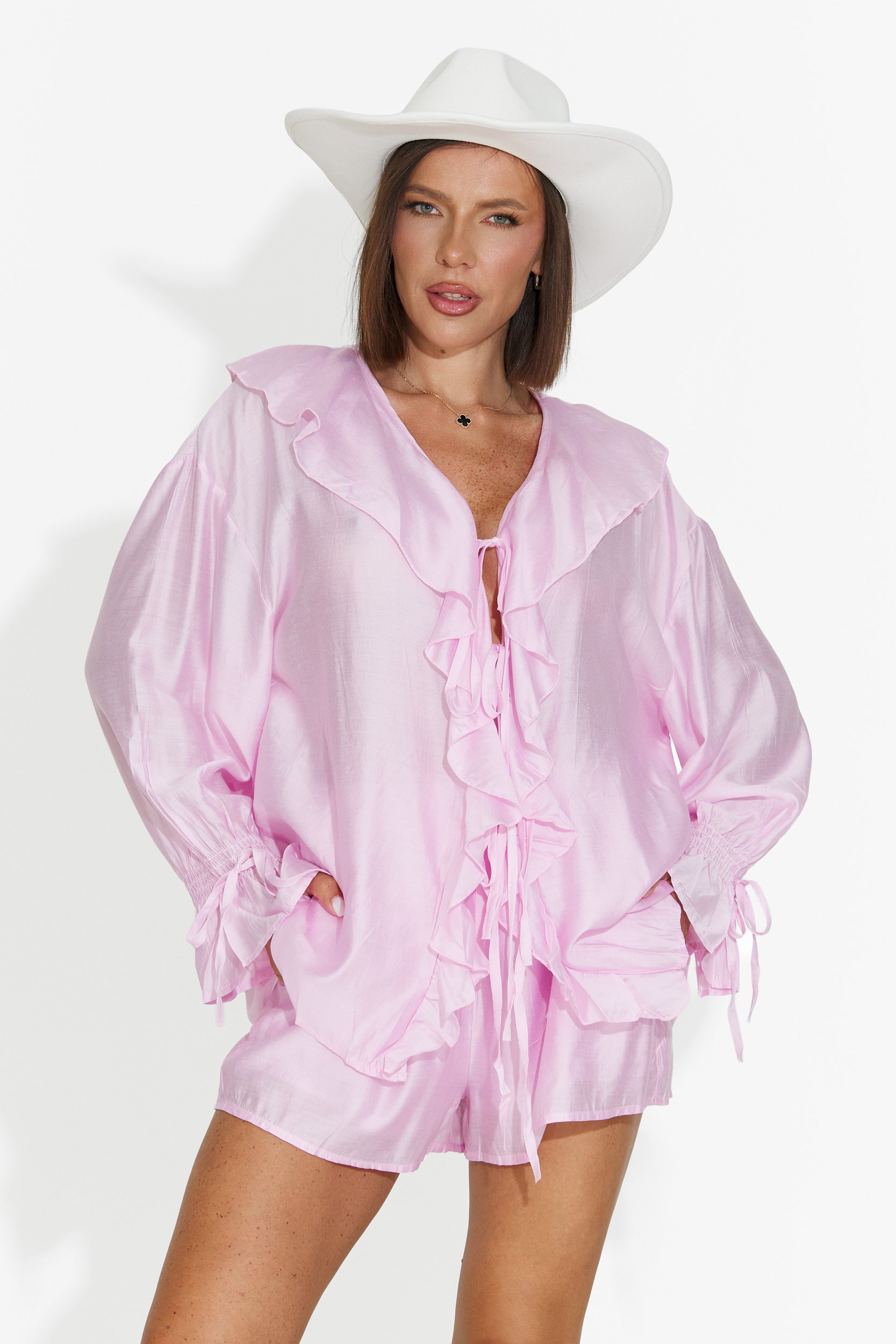 Compleu dama camasa + pantaloni scurti roz Melioria Bogas