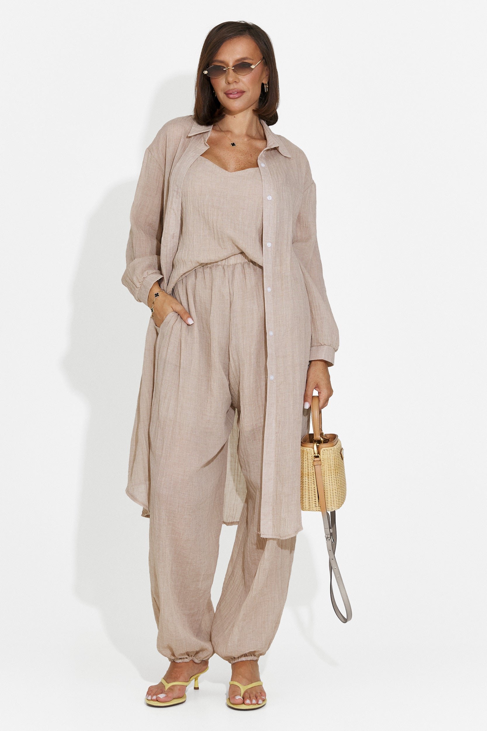Compleu dama pantaloni + maiou + camasa maro Dariele Bogas