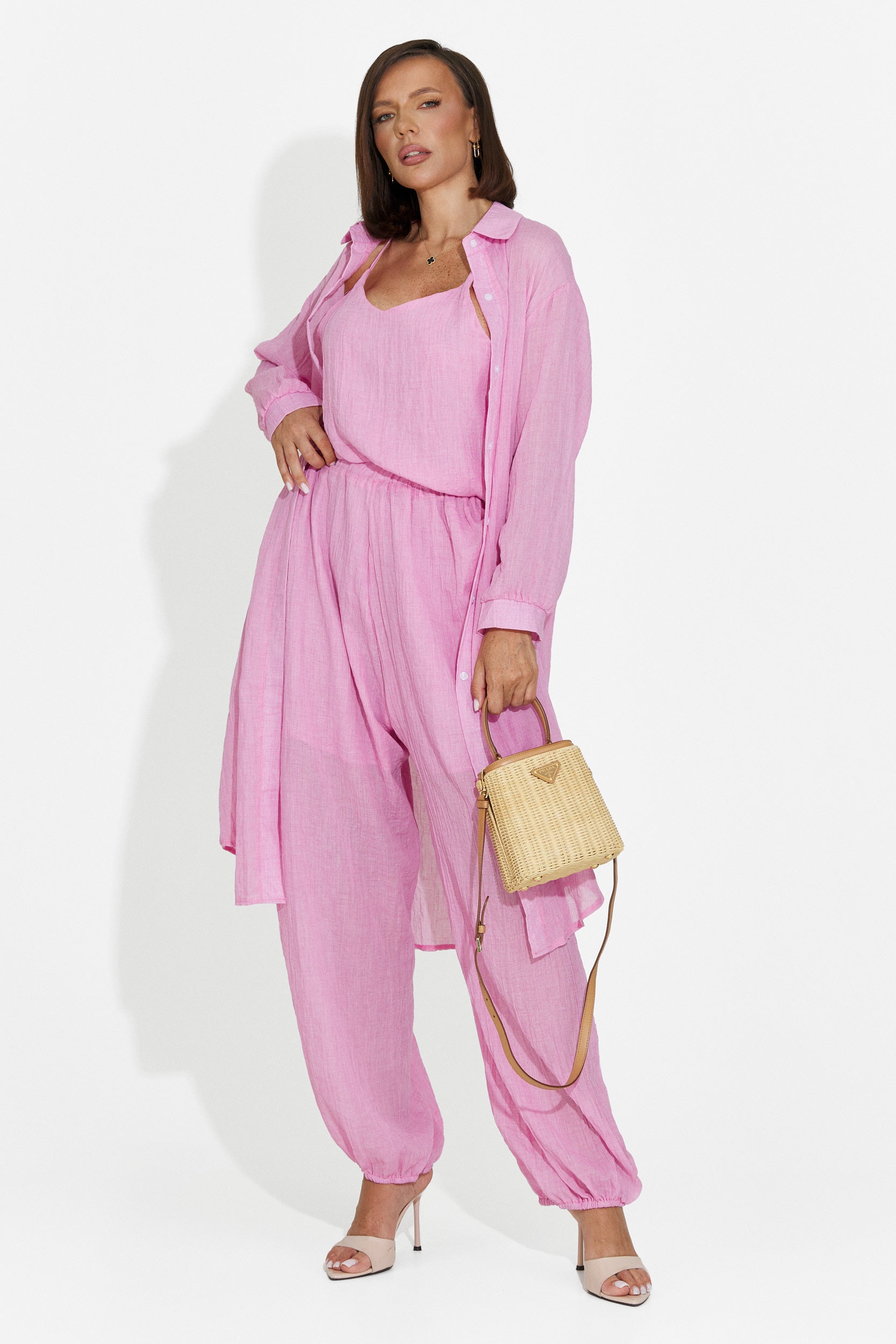 Compleu dama pantaloni + maiou + camasa roz Dariele Bogas