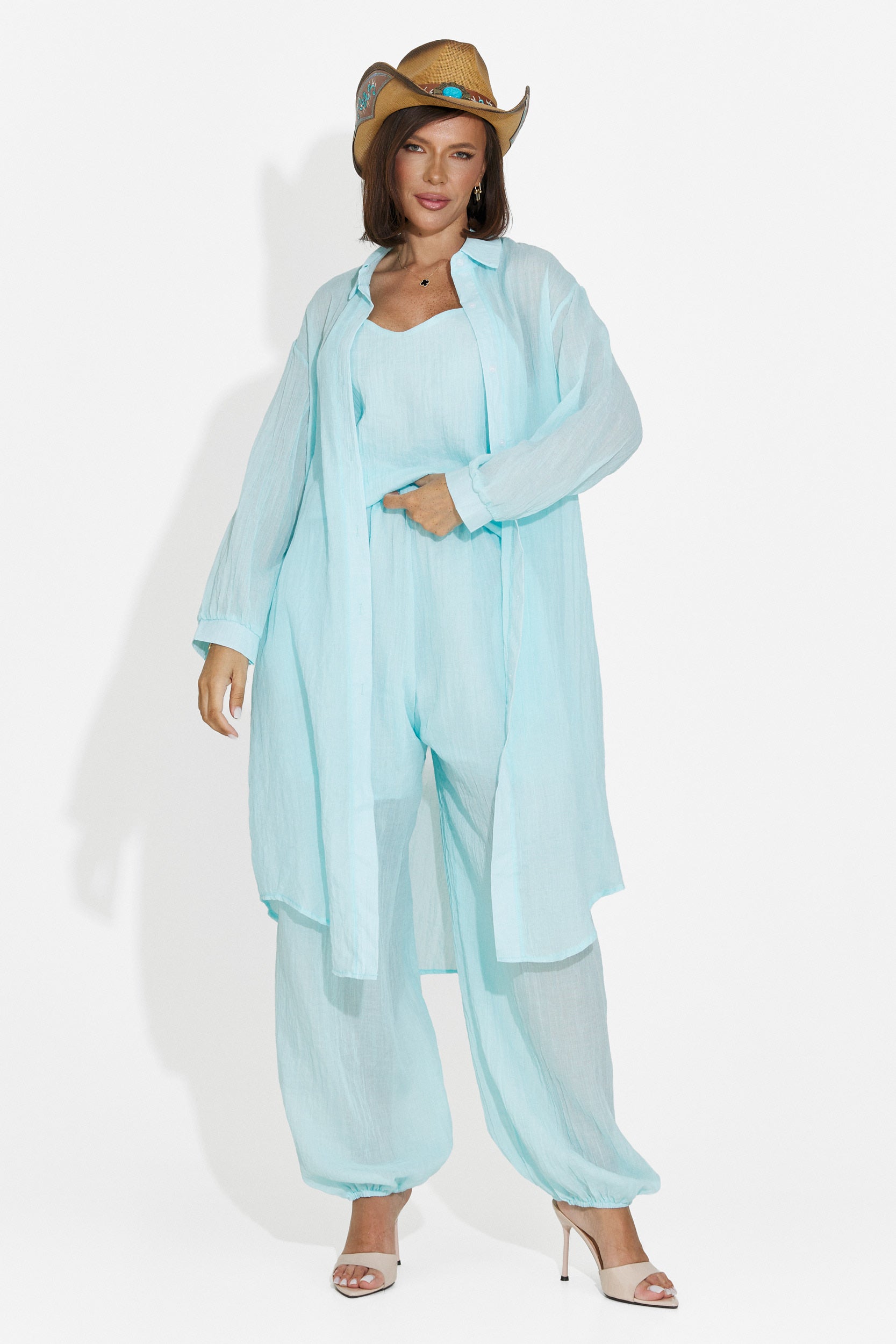 Compleu dama pantaloni + maiou + camasa turcoaz Dariele Bogas