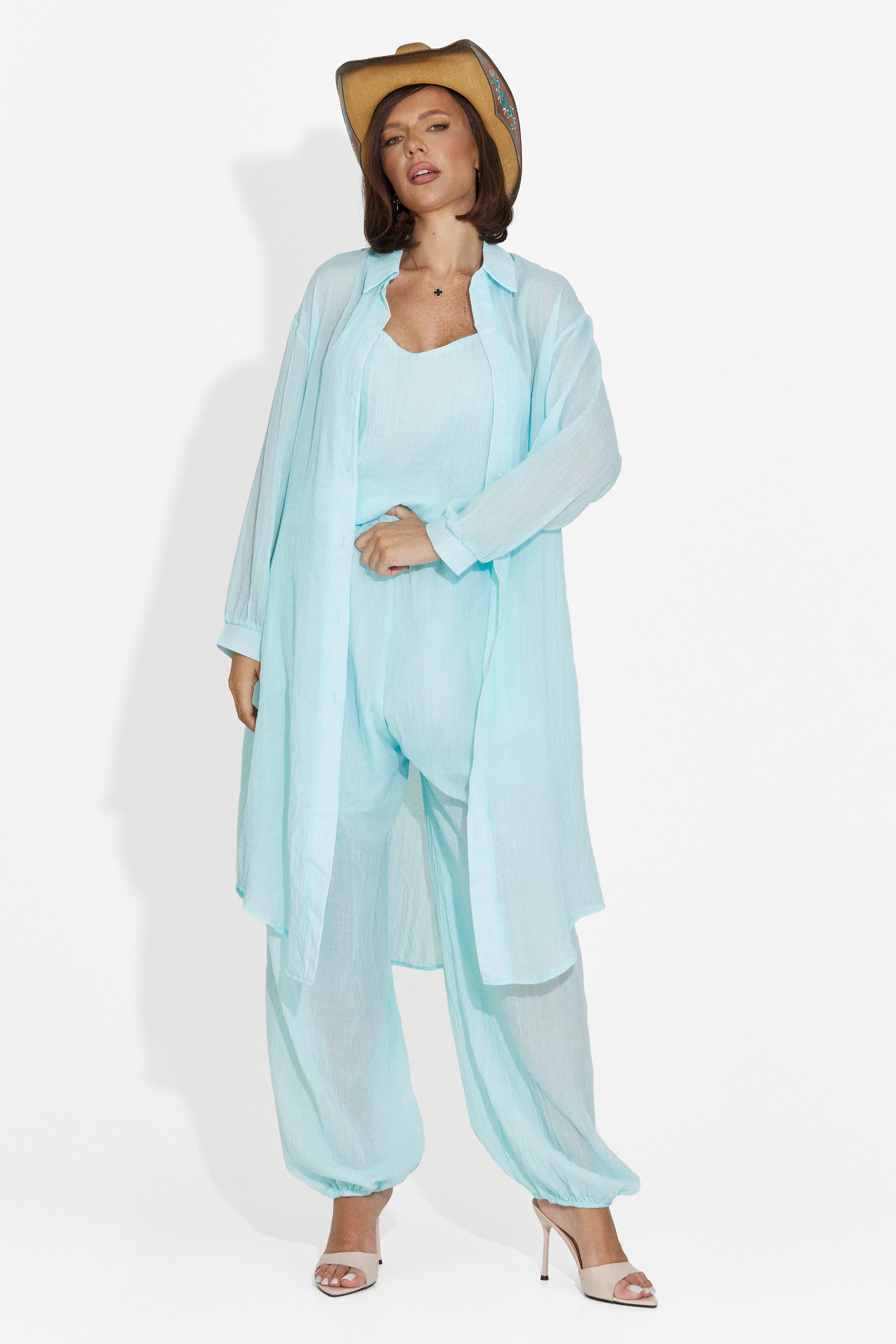 Compleu dama pantaloni + maiou + camasa turcoaz Dariele Bogas