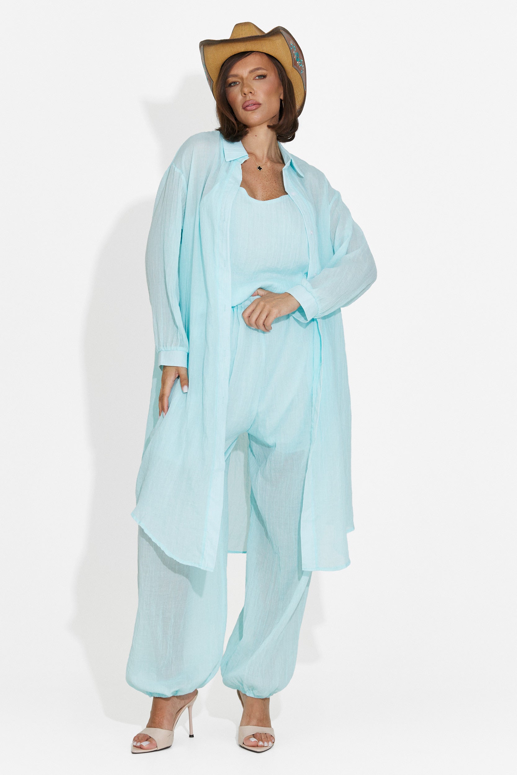Compleu dama pantaloni + maiou + camasa turcoaz Dariele Bogas