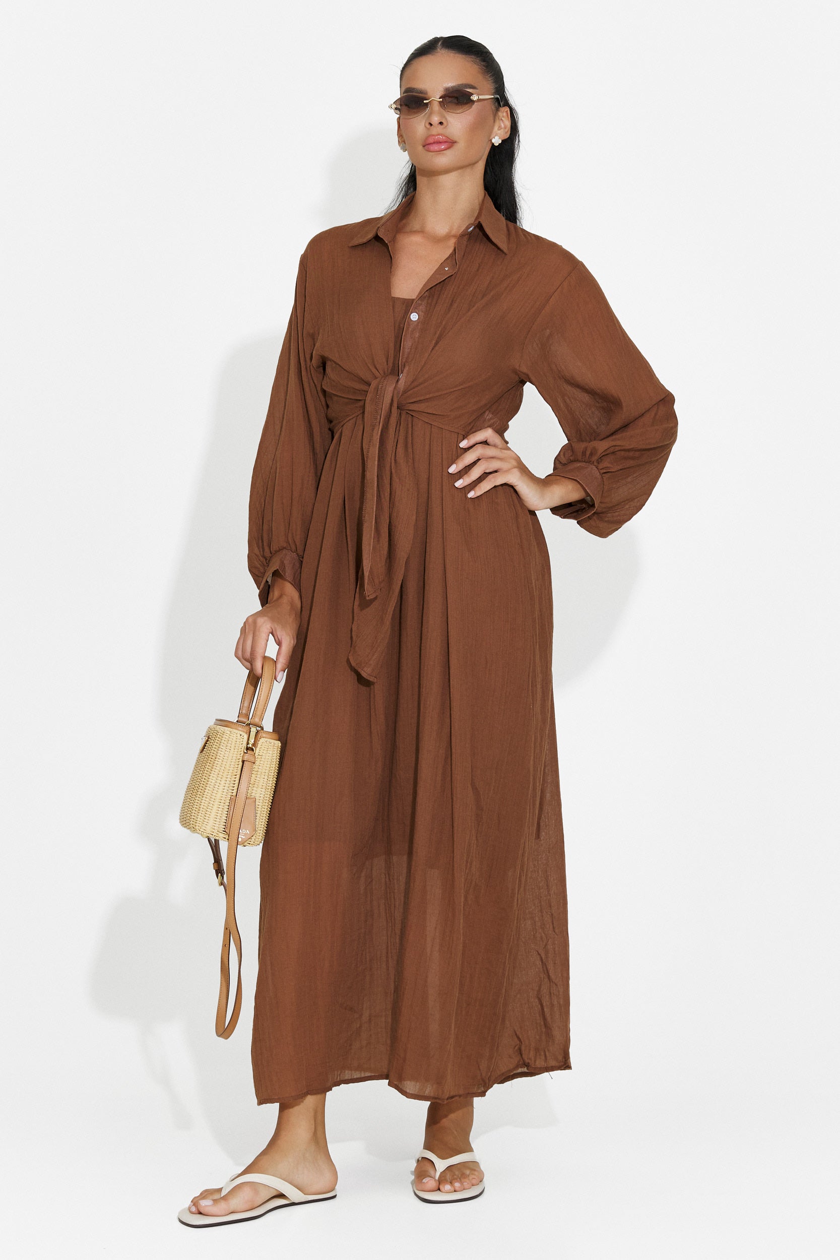 Compleu dama rochie + camasa maro Aishia Bogas