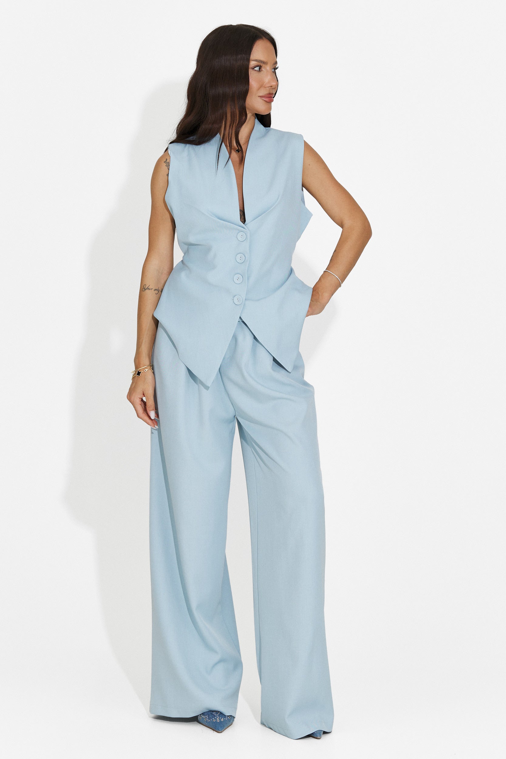 Compleu dama vesta + pantaloni bleu Chelora Bogas