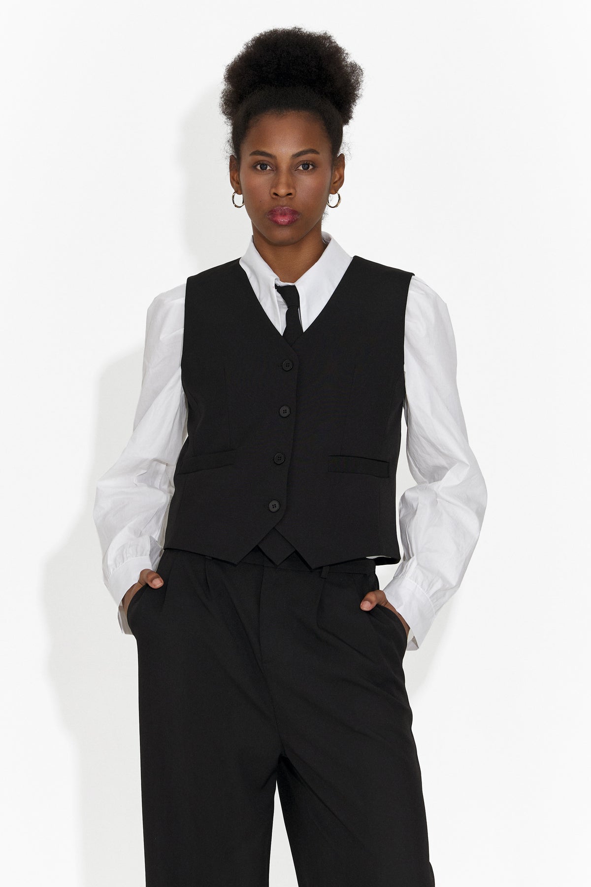 Costum 4 piese pantaloni + vesta + sacou + cravata negru Meldor, imaginea 4 din 10
