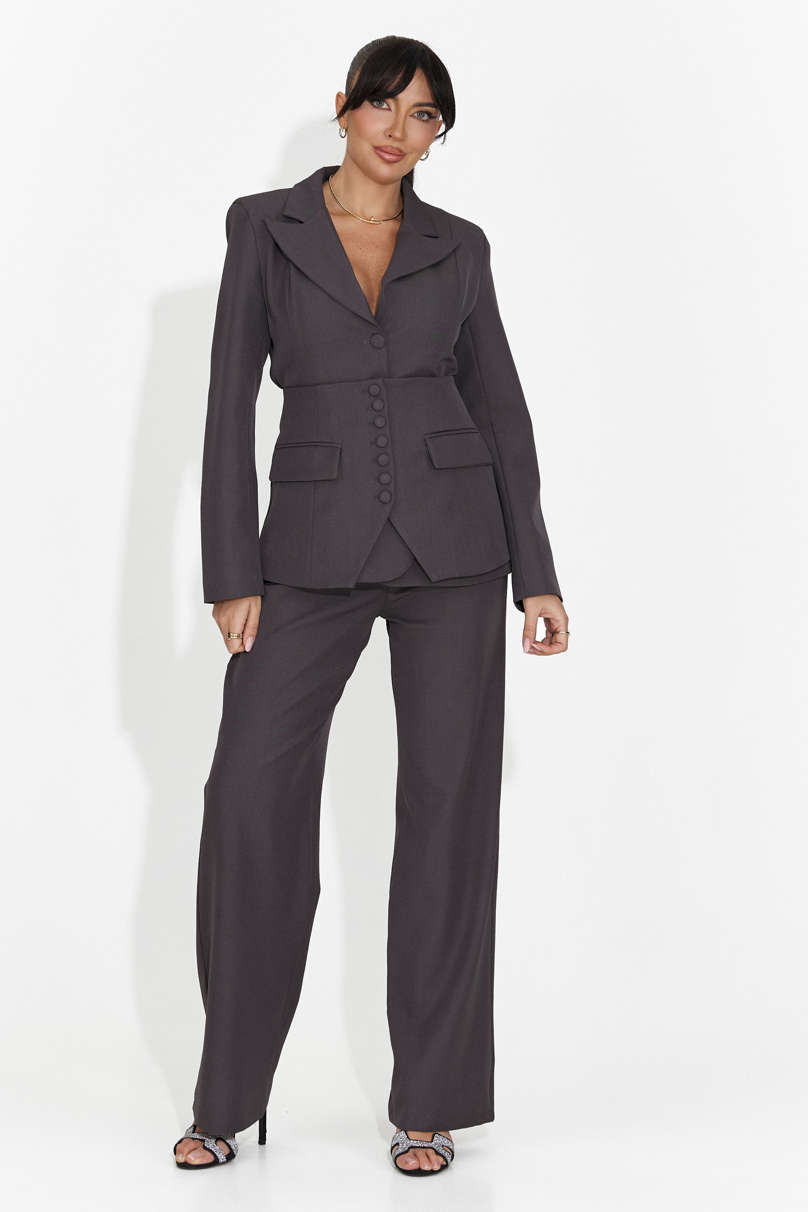 Costum dama 3 piese sacou + corset + pantaloni gri Glimena Bogas