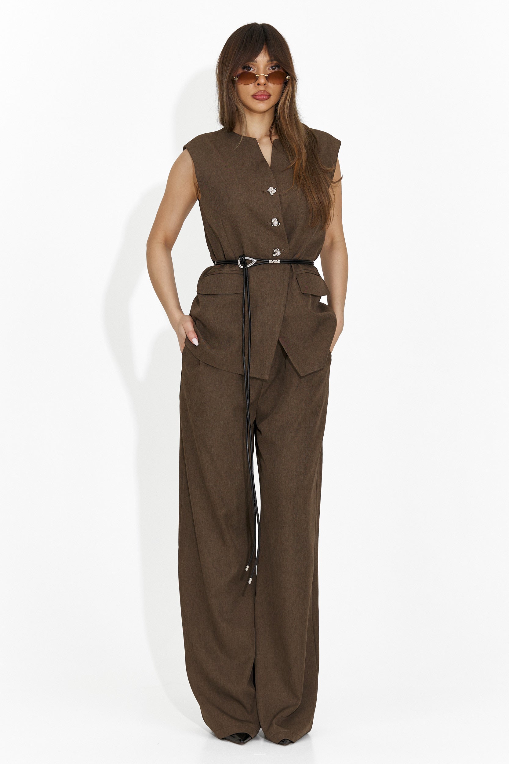 Costum dama vesta + pantaloni maro Avilma Bogas