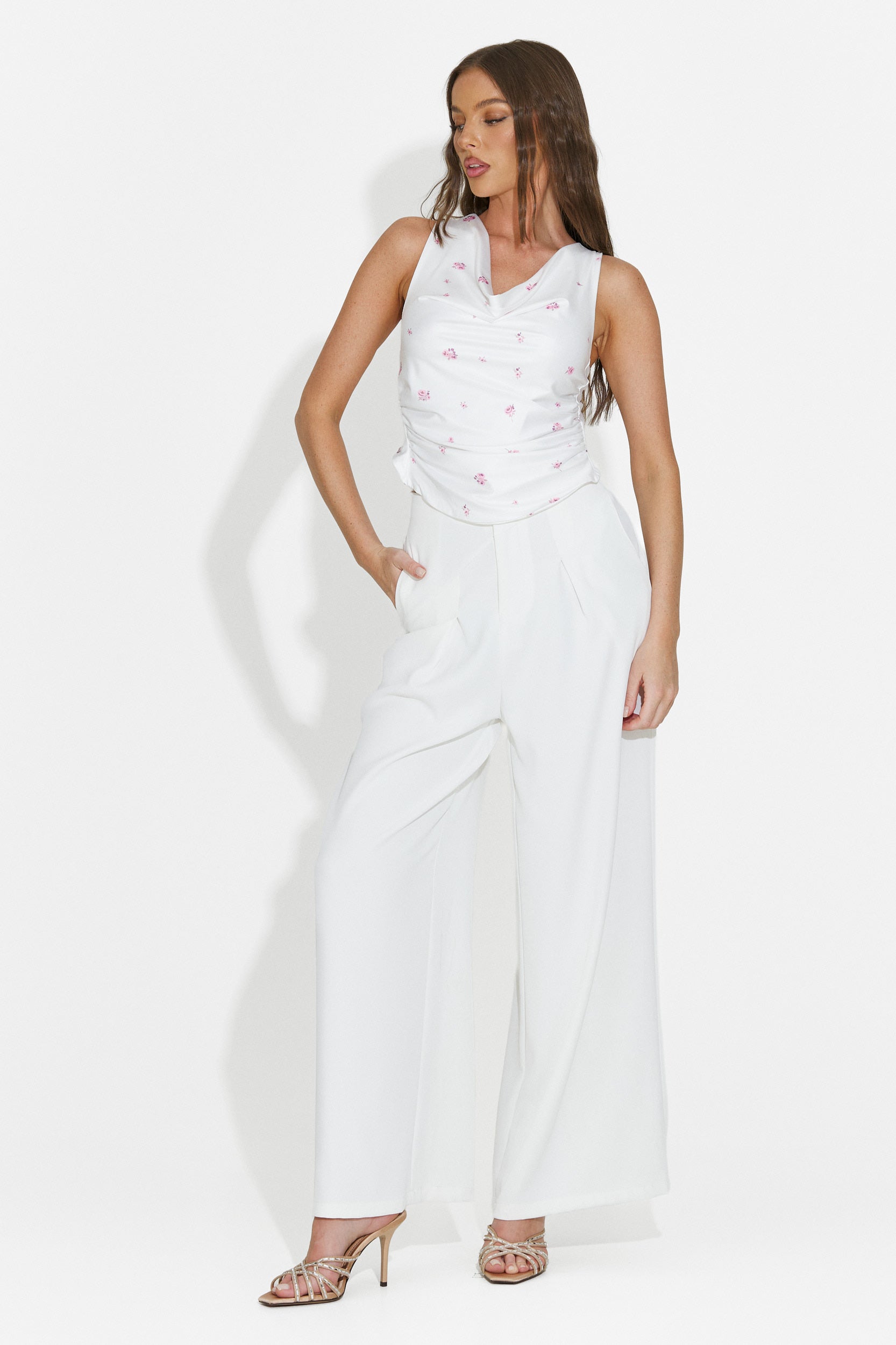 Pantaloni dama lungi eleganti albi Crystia Bogas