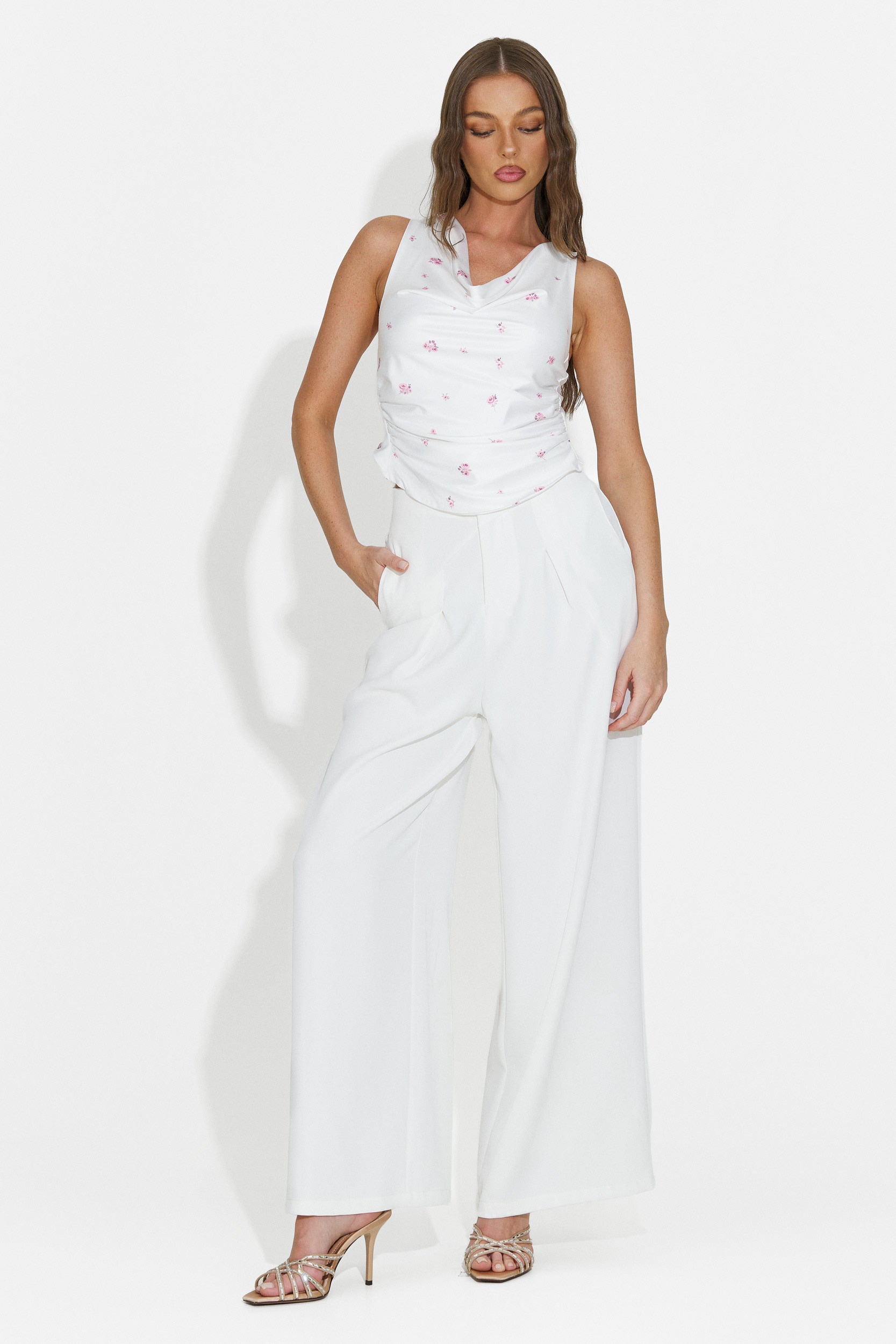 Pantaloni dama lungi eleganti albi Crystia Bogas