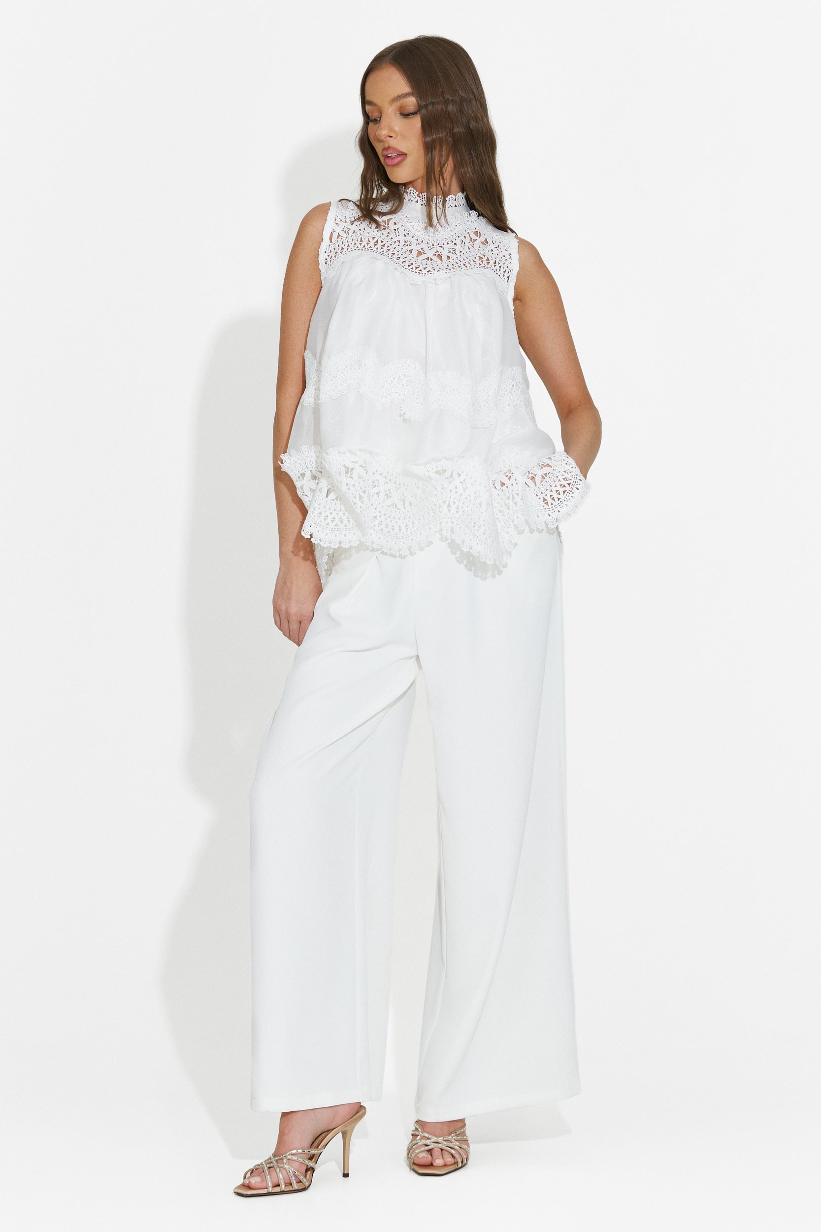 Pantaloni dama lungi eleganti albi Crystia Bogas