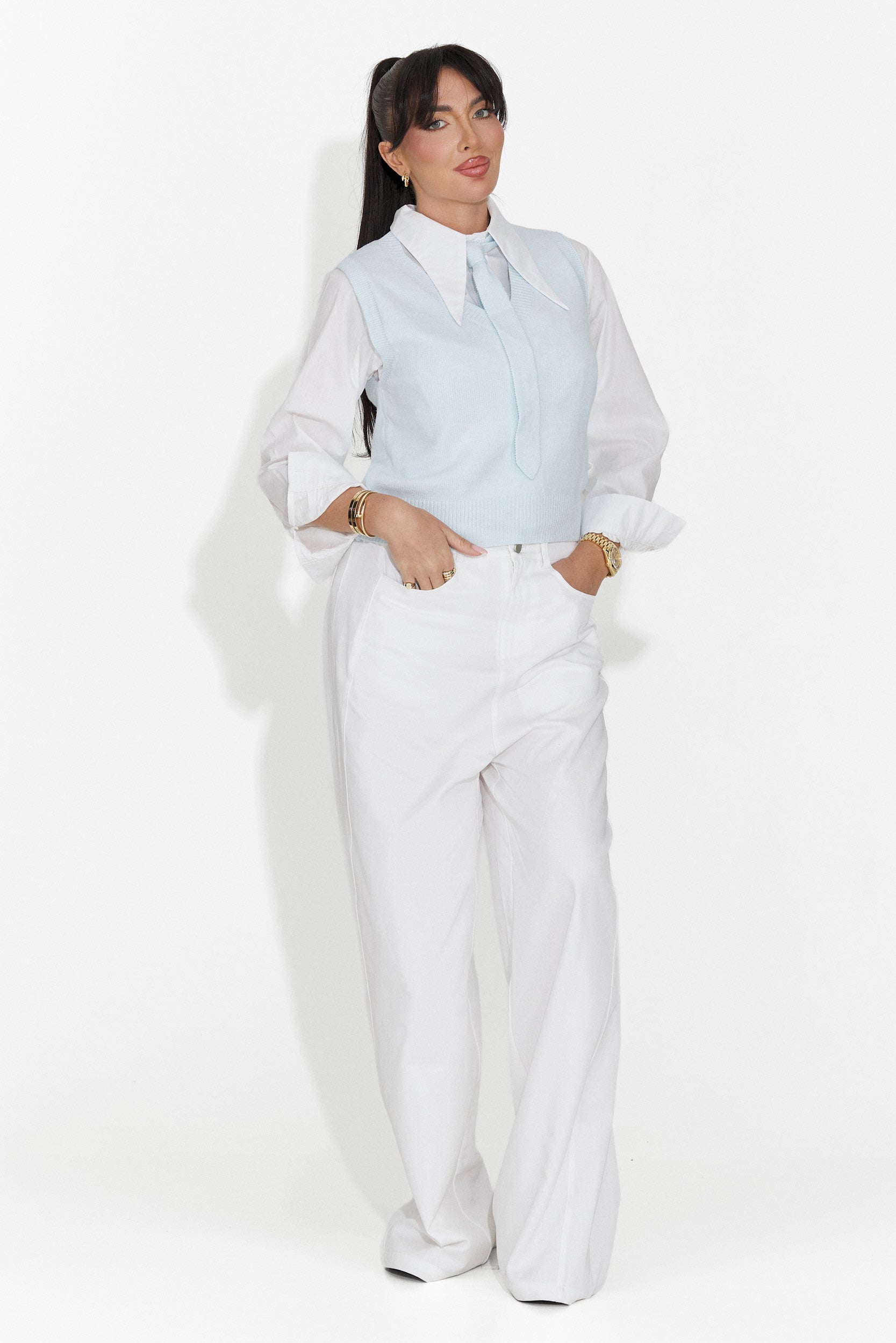 Set 3 piese camasa + vesta + cravata bleu Tasiana Bogas