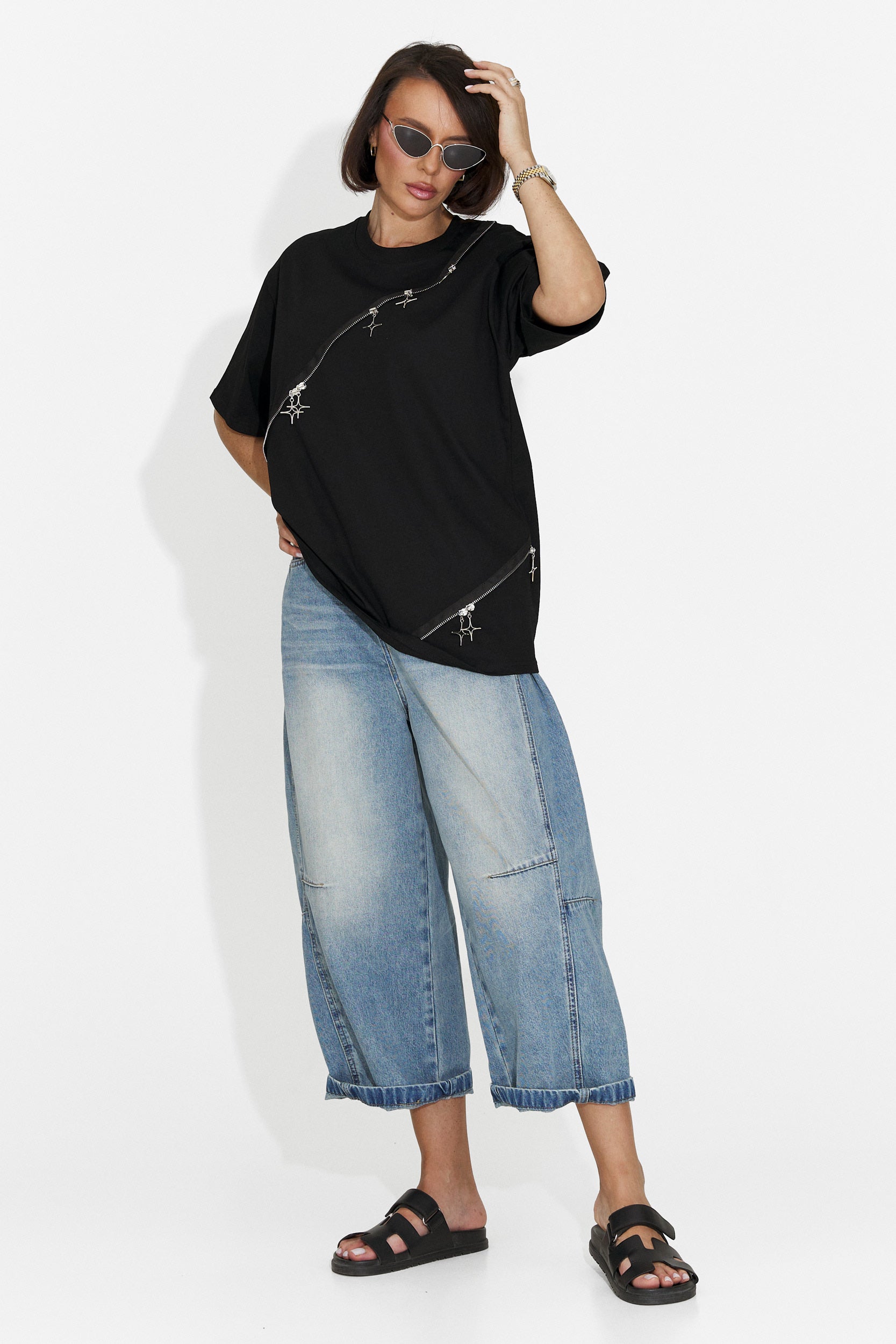 Tricou dama casual negru Rufles Bogas