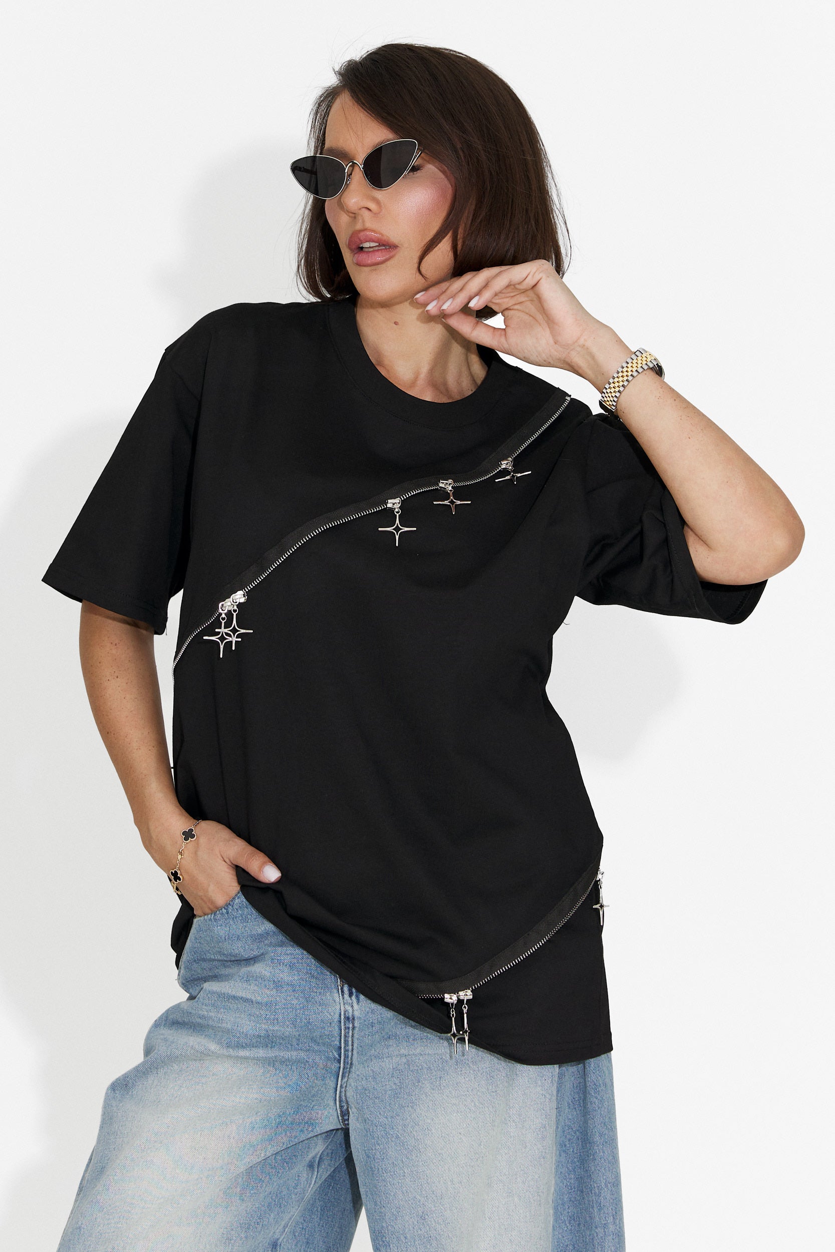Tricou dama casual negru Rufles Bogas