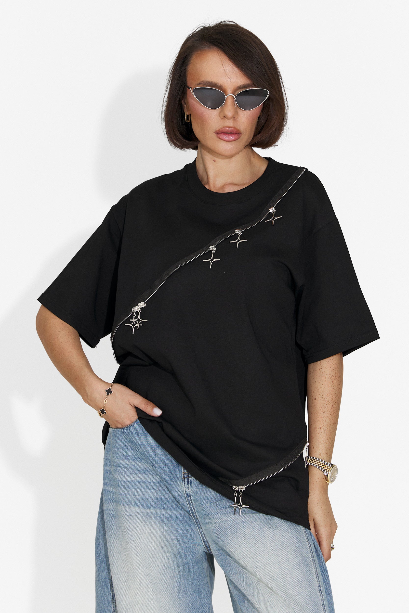 Tricou dama casual negru Rufles Bogas