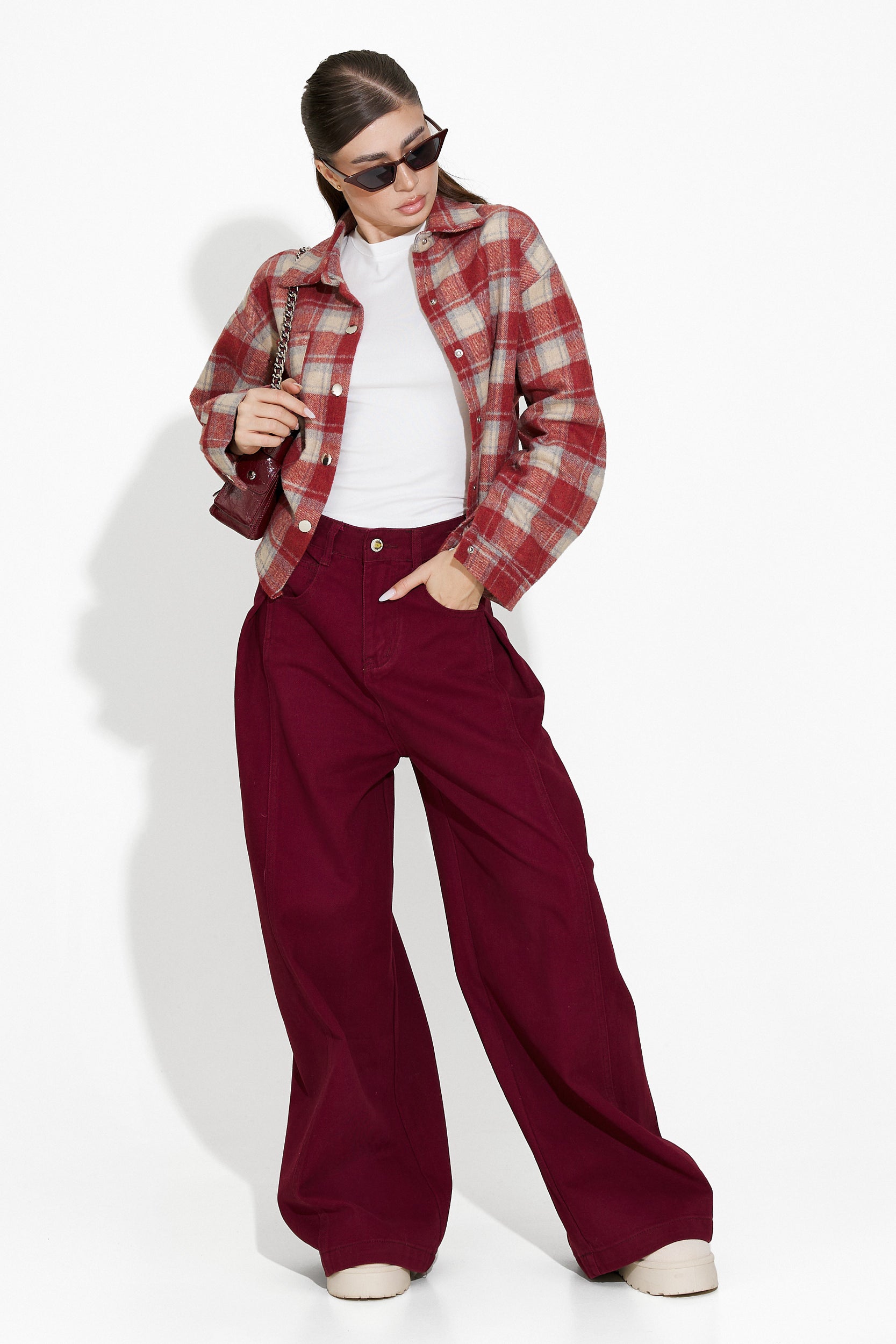 Cherise Bogas women's casual burgundy jeans