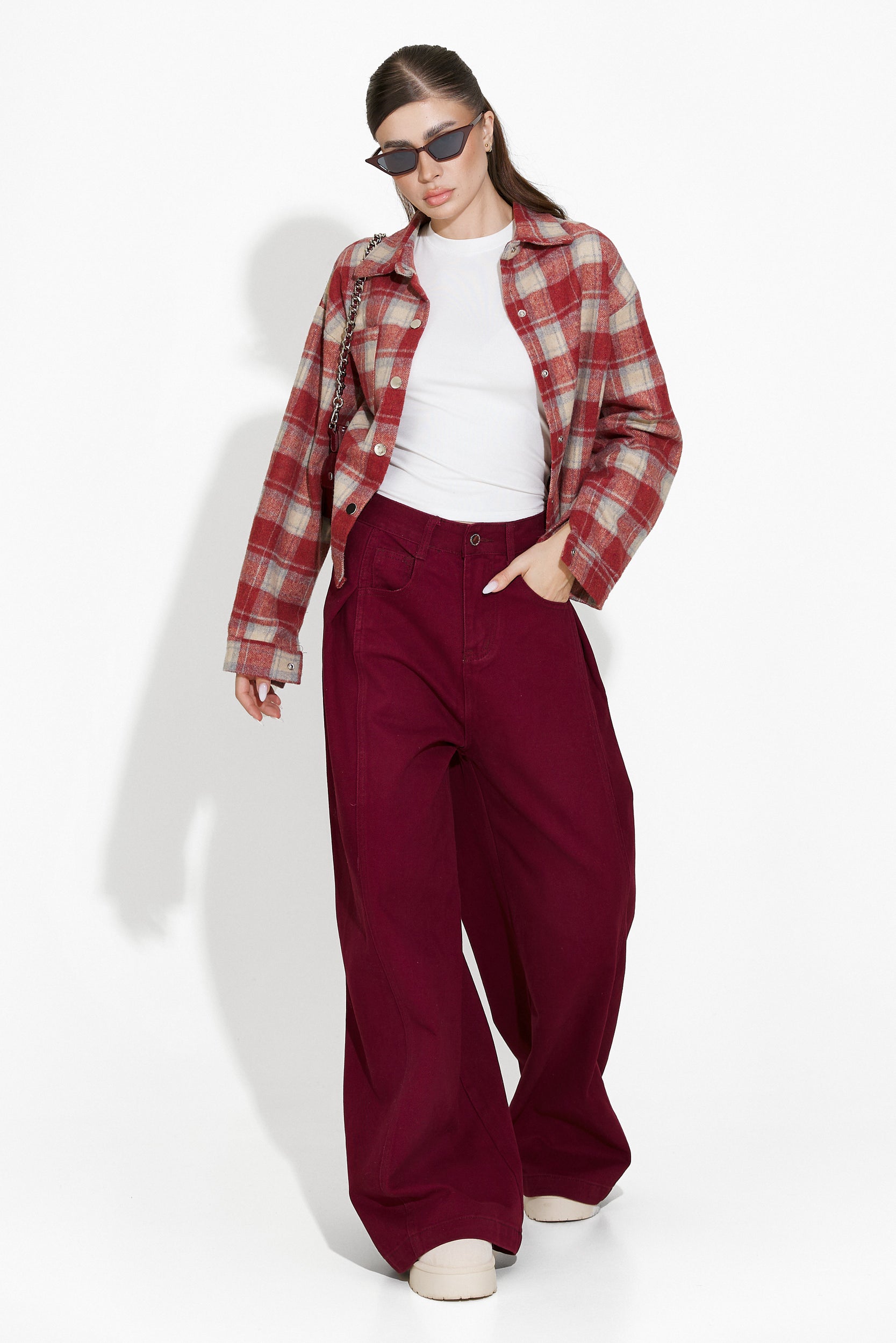 Cherise Bogas women's casual burgundy jeans