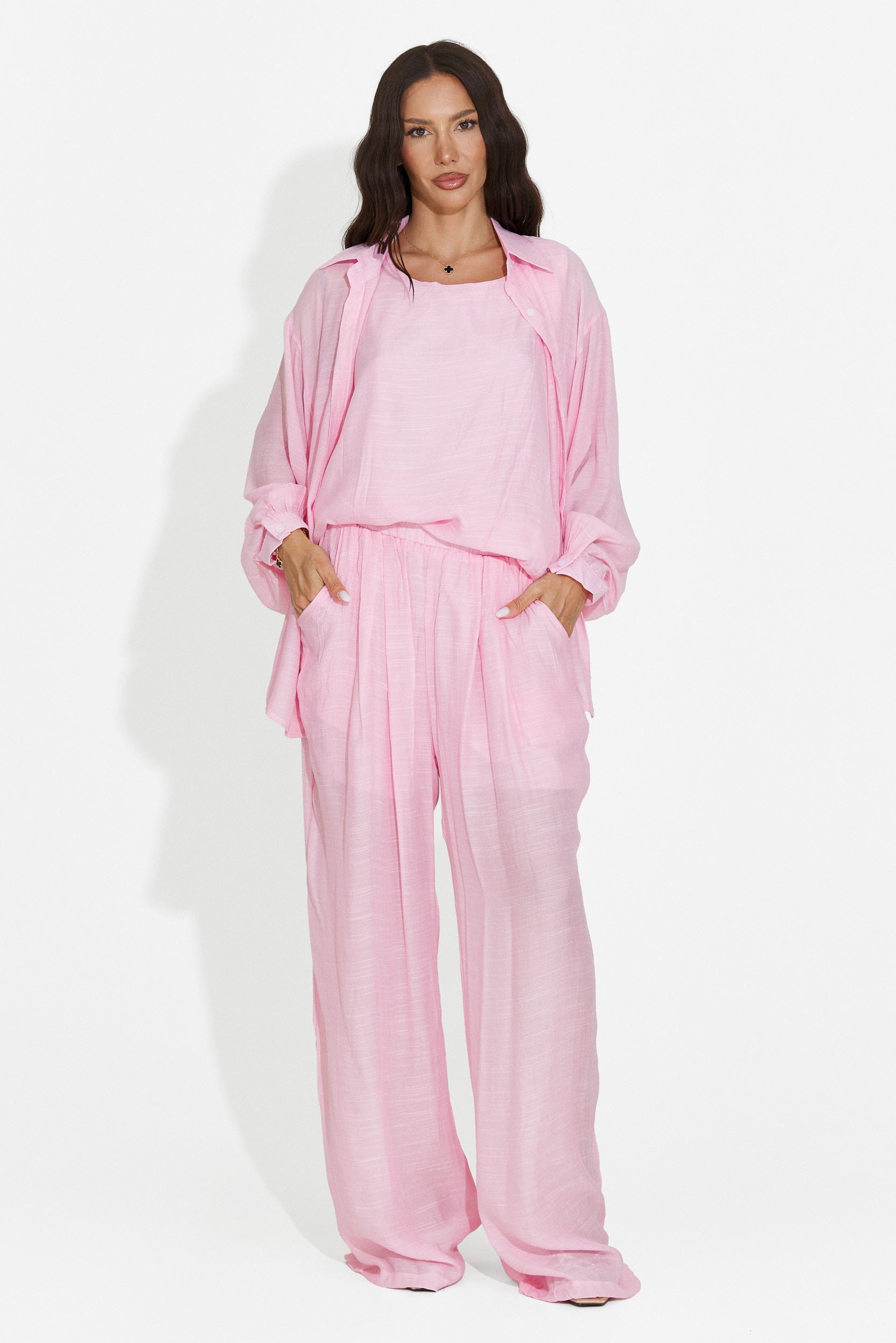 Compleu dama camasa + pantaloni + maiou roz Mivya Bogas
