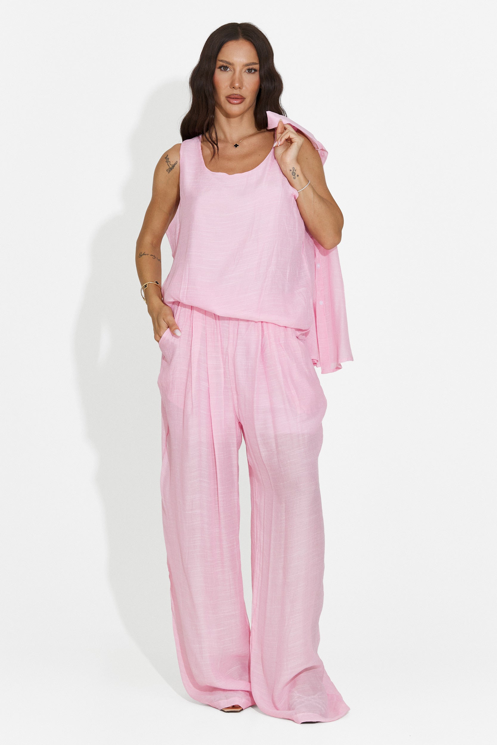 Compleu dama camasa + pantaloni + maiou roz Mivya Bogas