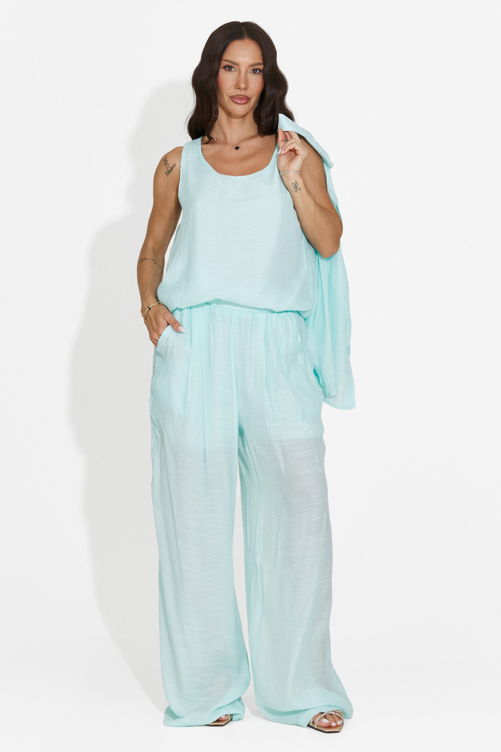 Compleu dama camasa + pantaloni + maiou turcoaz Mivya Bogas