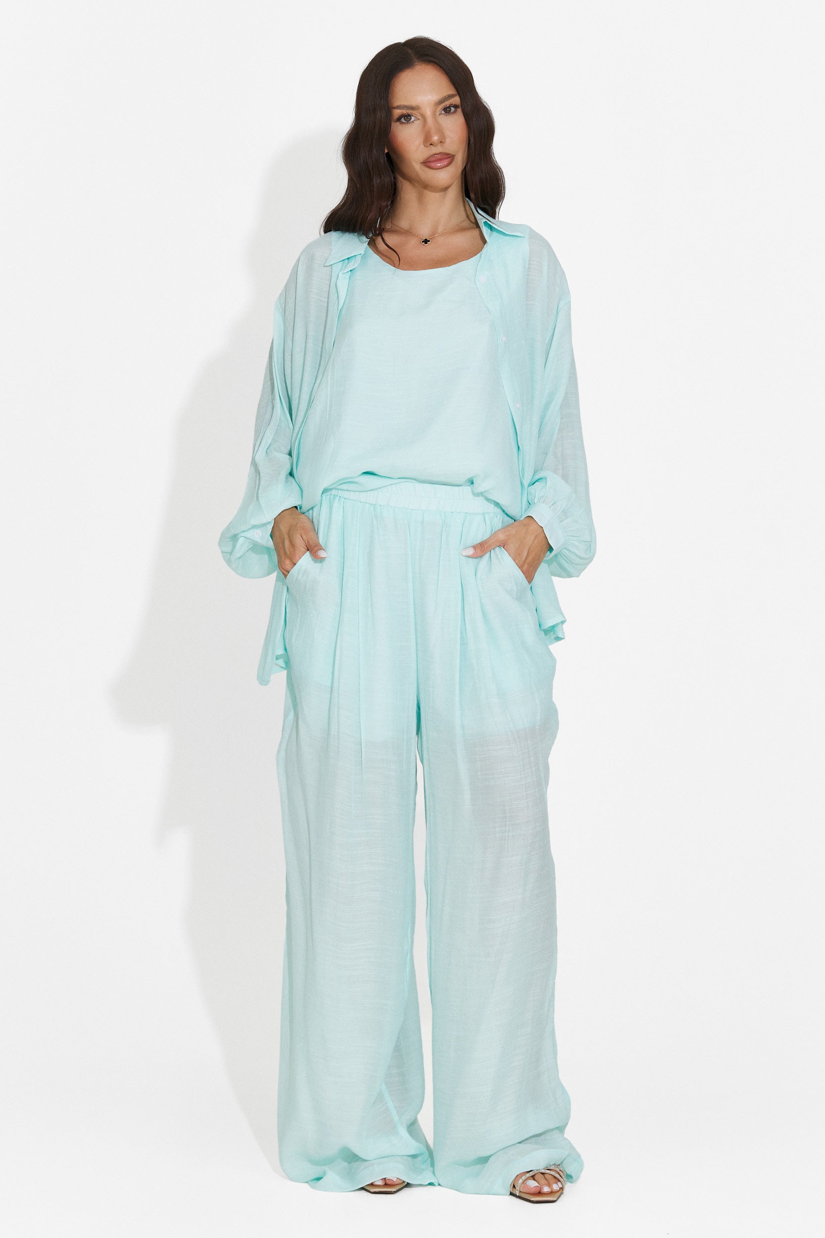 Compleu dama camasa + pantaloni + maiou turcoaz Mivya Bogas