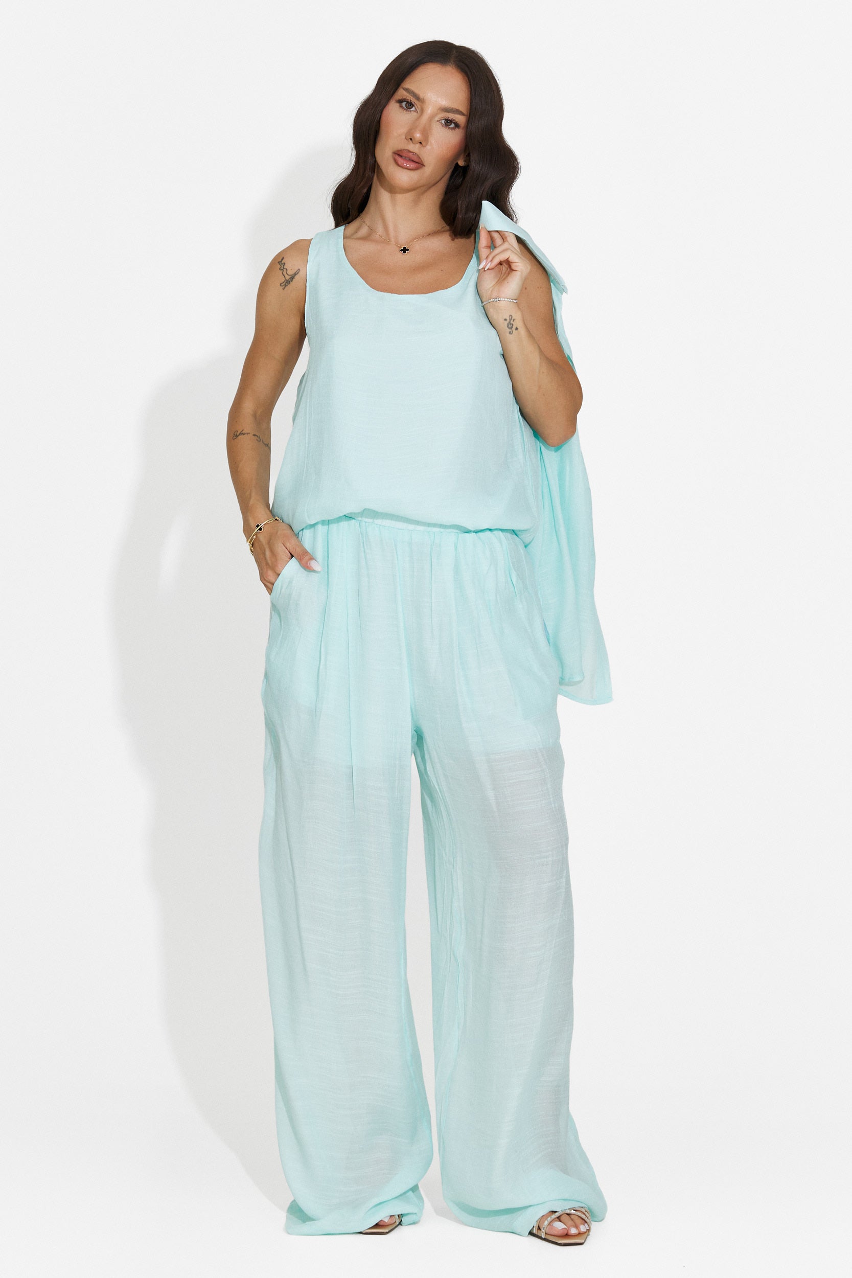 Compleu dama camasa + pantaloni + maiou turcoaz Mivya Bogas