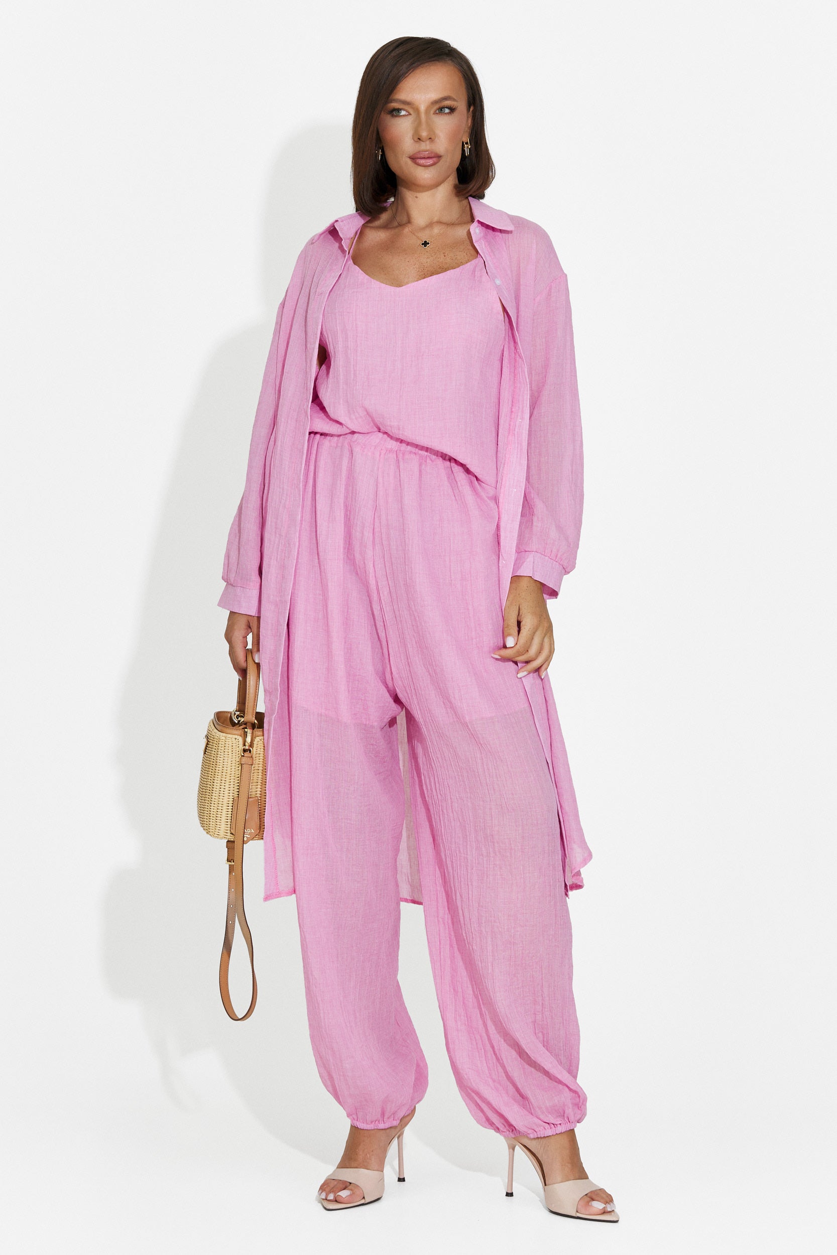 Compleu dama pantaloni + maiou + camasa roz Dariele Bogas