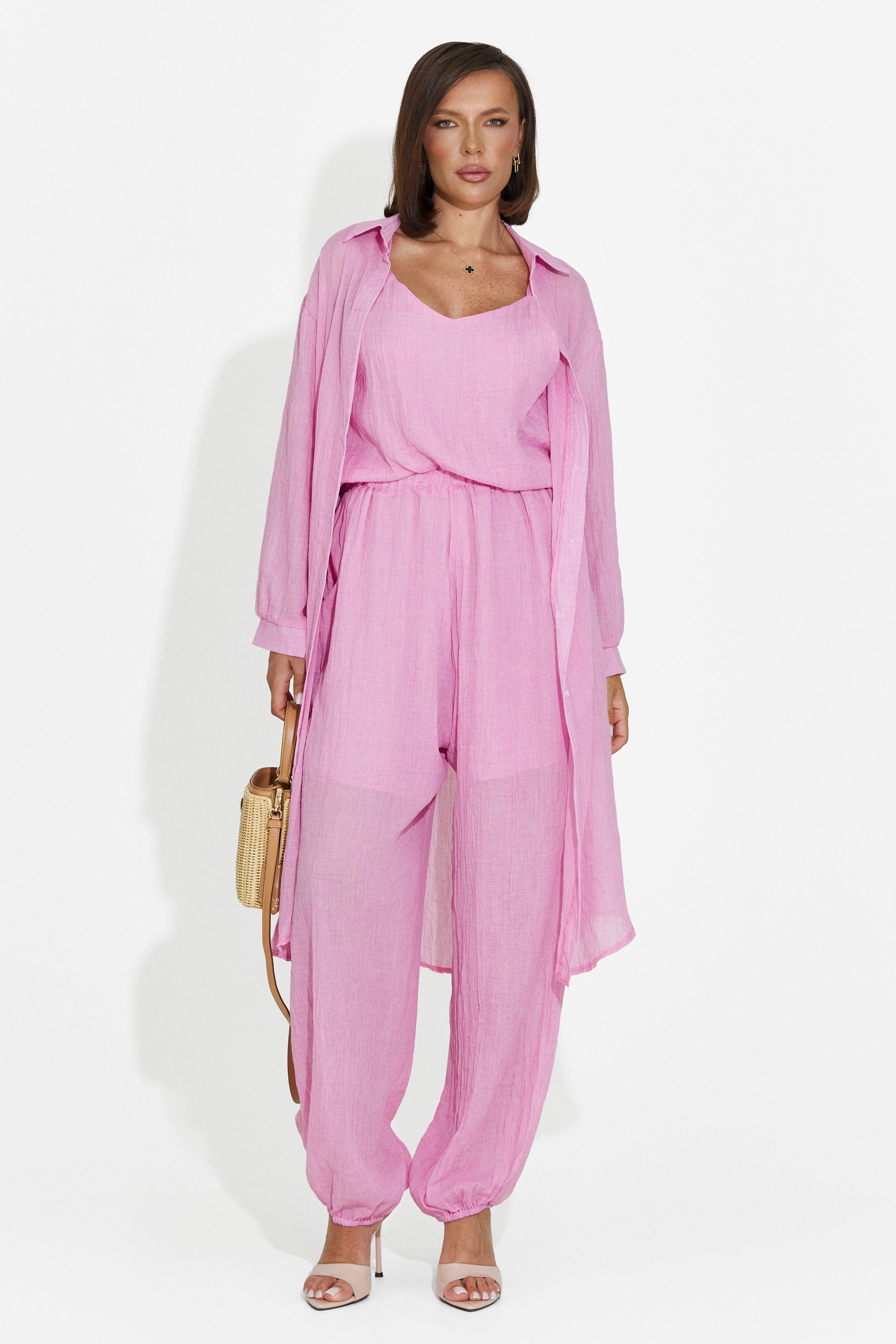 Compleu dama pantaloni + maiou + camasa roz Dariele Bogas