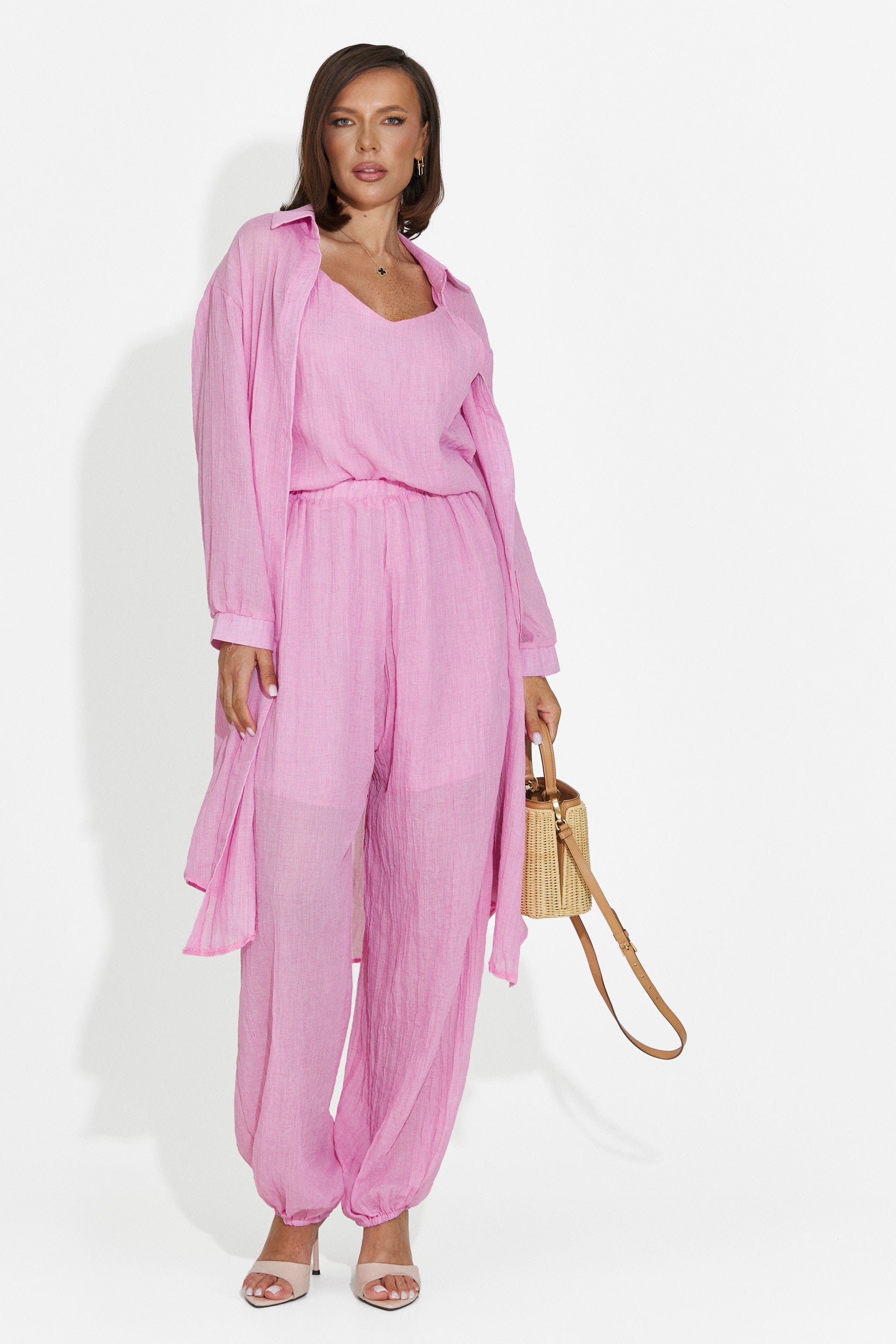 Compleu dama pantaloni + maiou + camasa roz Dariele Bogas