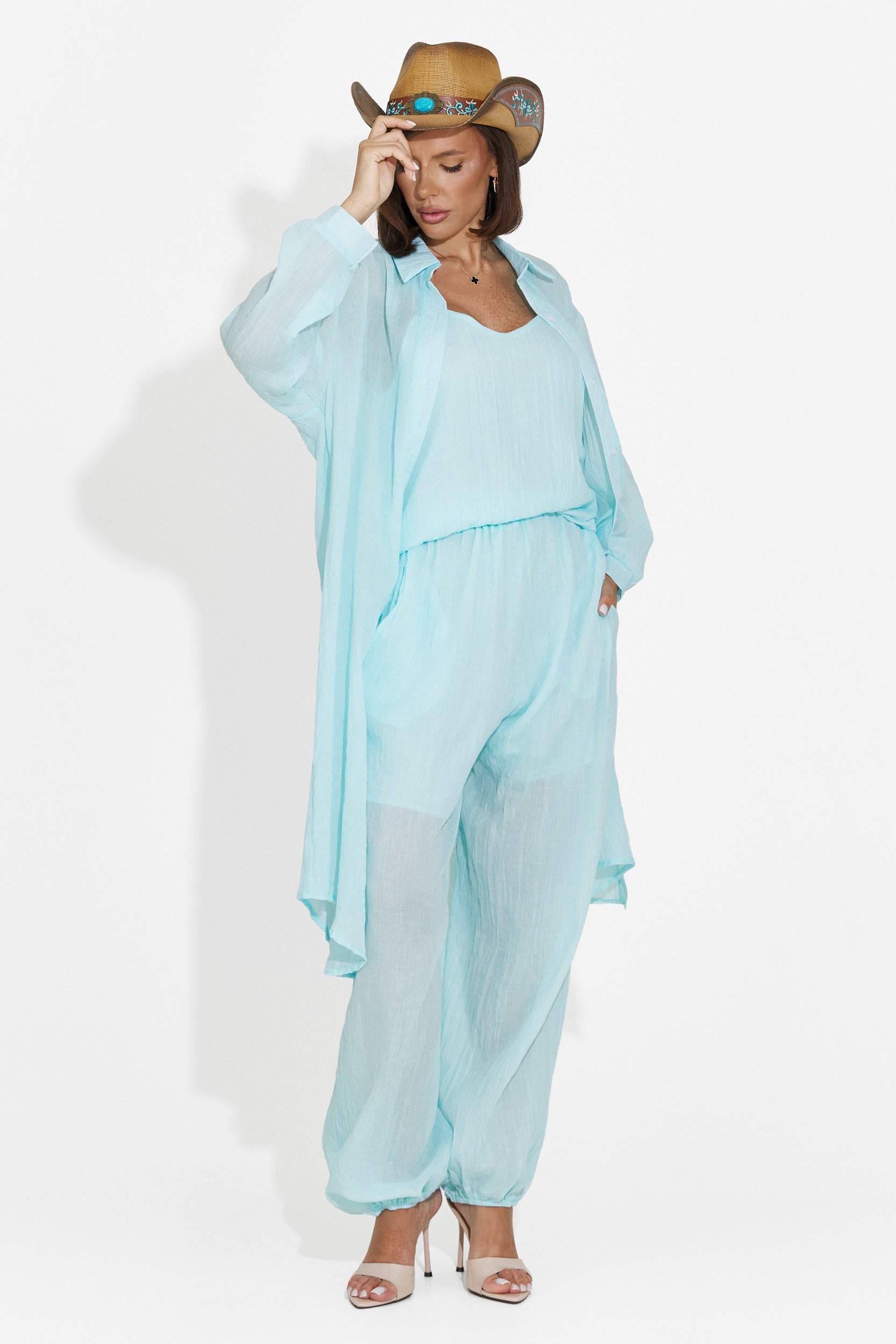 Compleu dama pantaloni + maiou + camasa turcoaz Dariele Bogas
