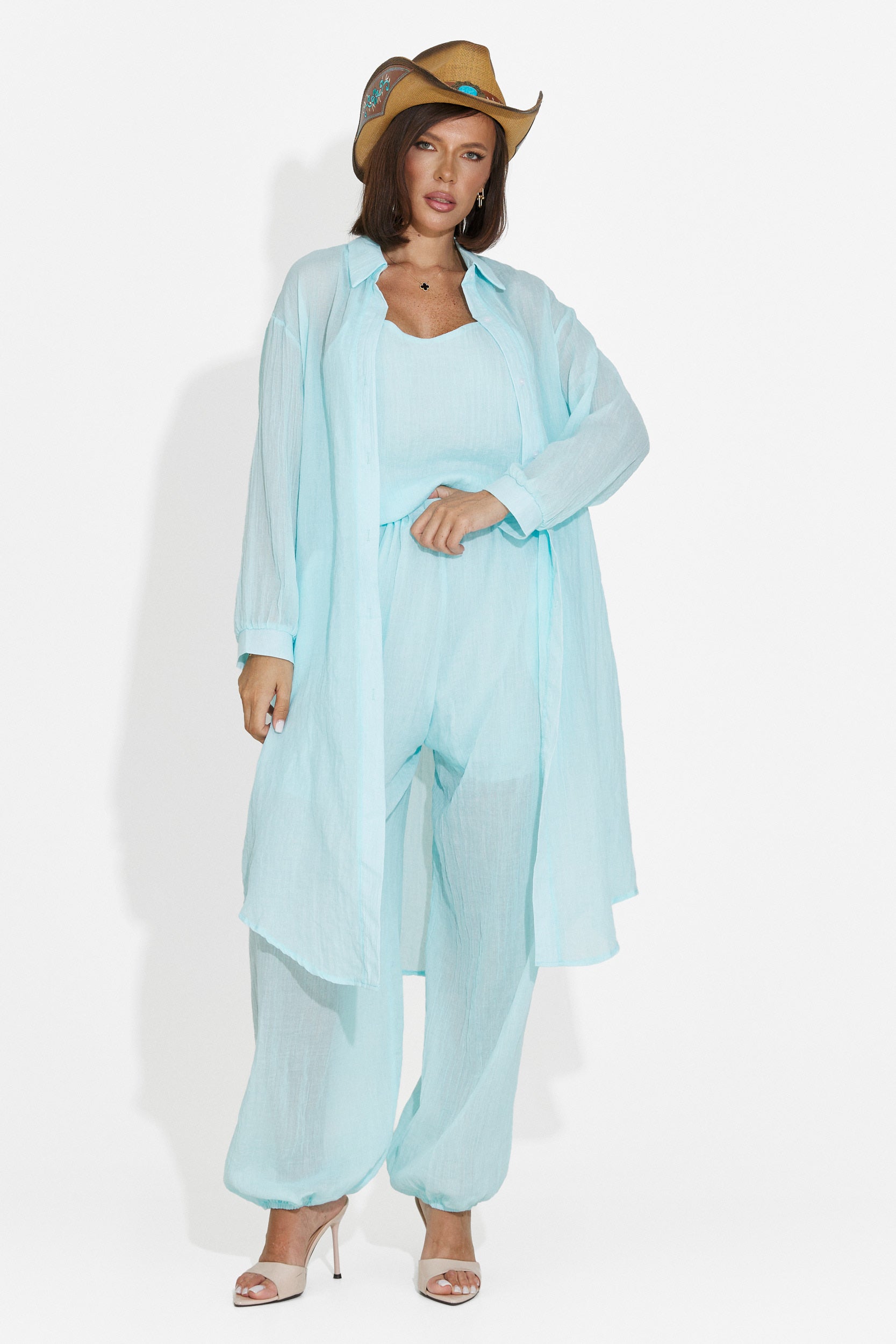 Compleu dama pantaloni + maiou + camasa turcoaz Dariele Bogas