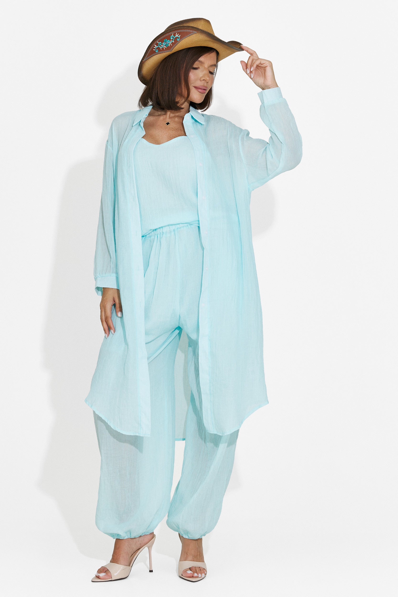 Compleu dama pantaloni + maiou + camasa turcoaz Dariele Bogas