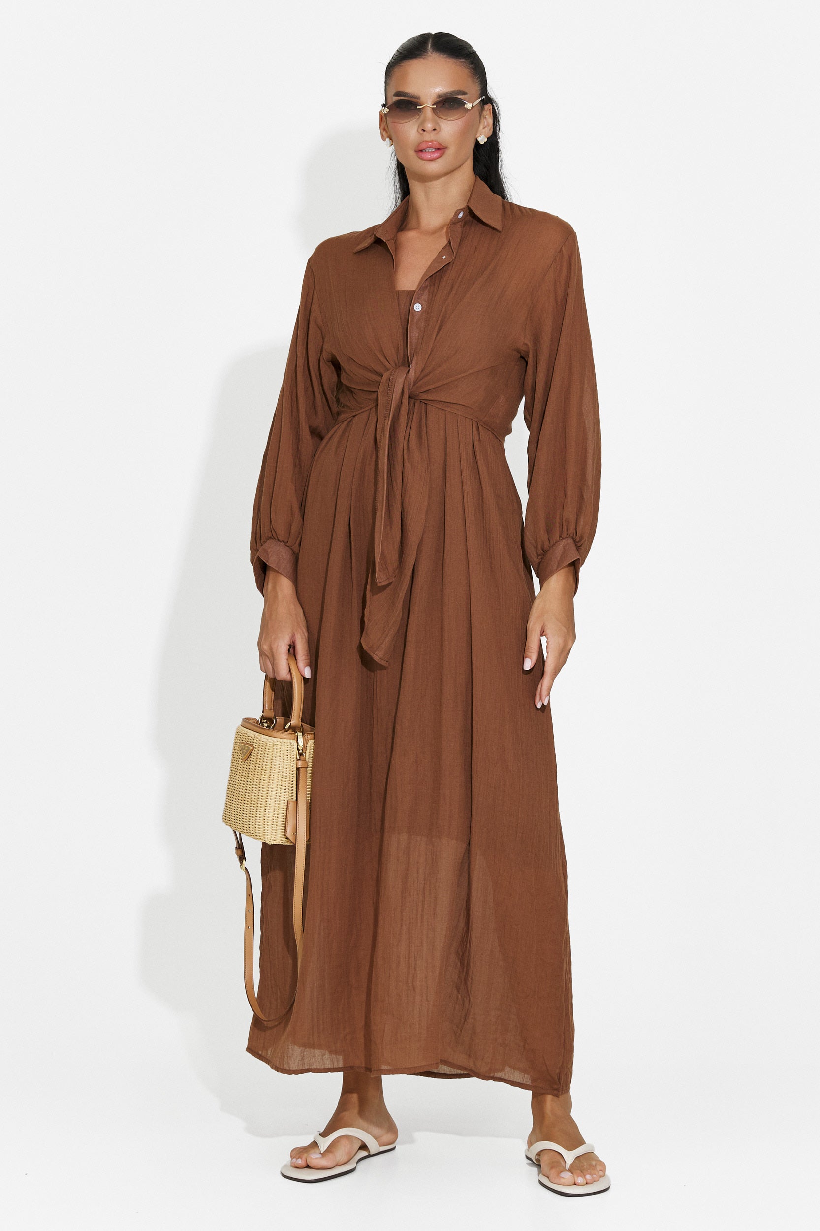 Compleu dama rochie + camasa maro Aishia Bogas