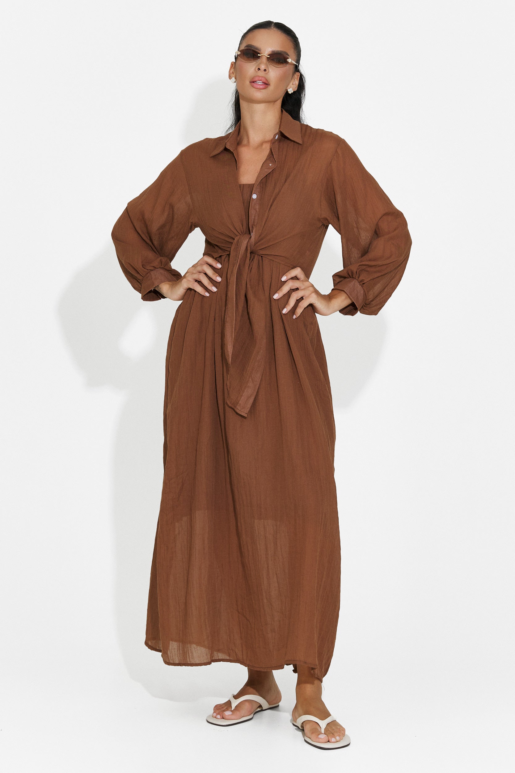 Compleu dama rochie + camasa maro Aishia Bogas