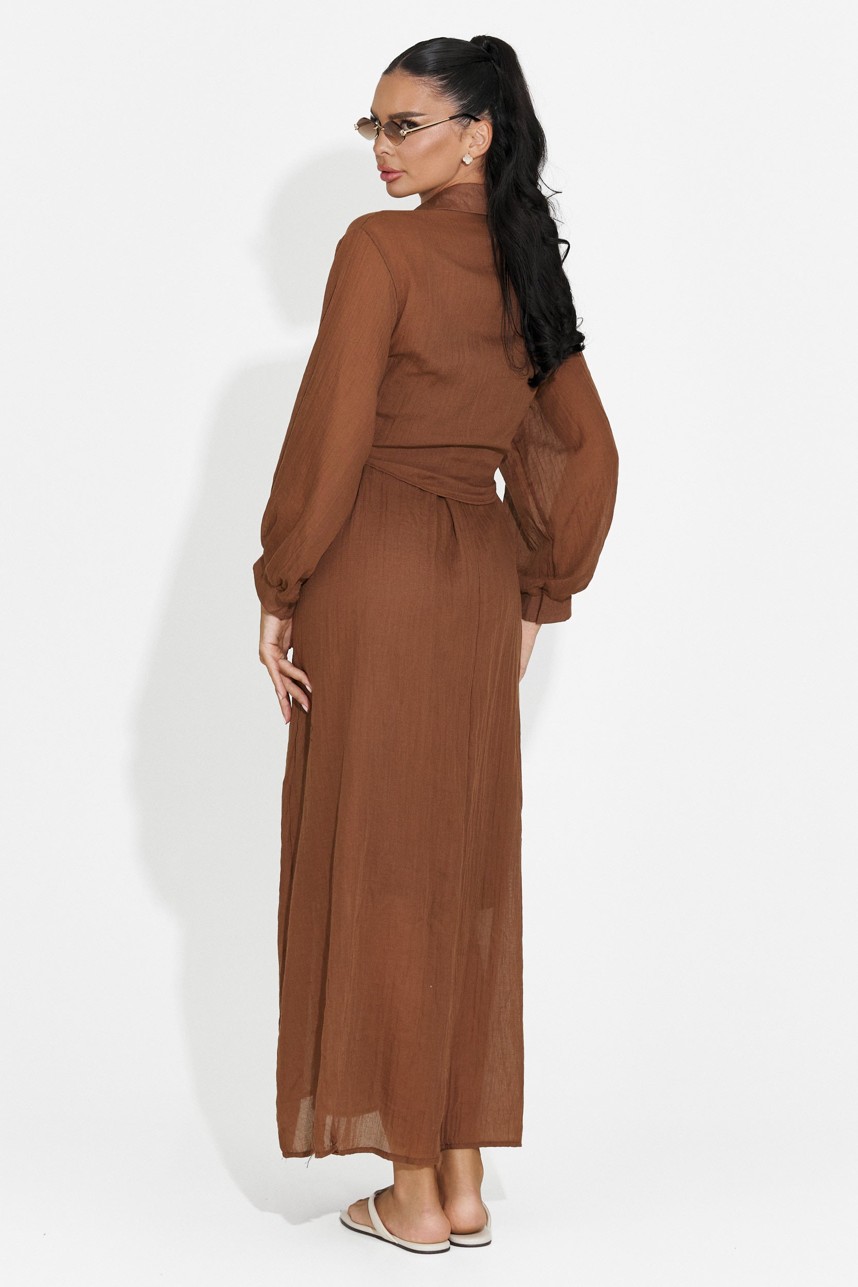 Compleu dama rochie + camasa maro Aishia Bogas