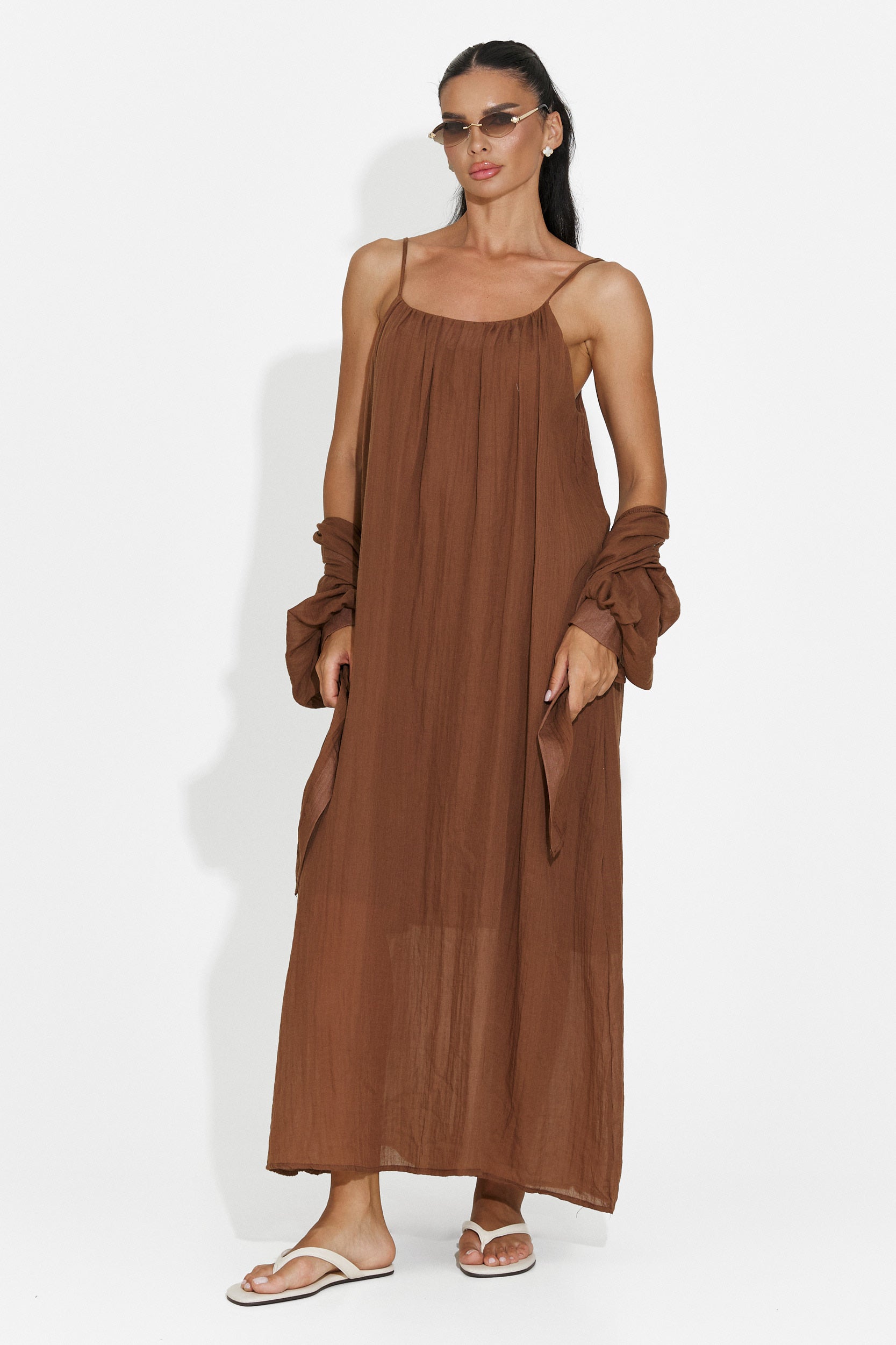 Compleu dama rochie + camasa maro Aishia Bogas
