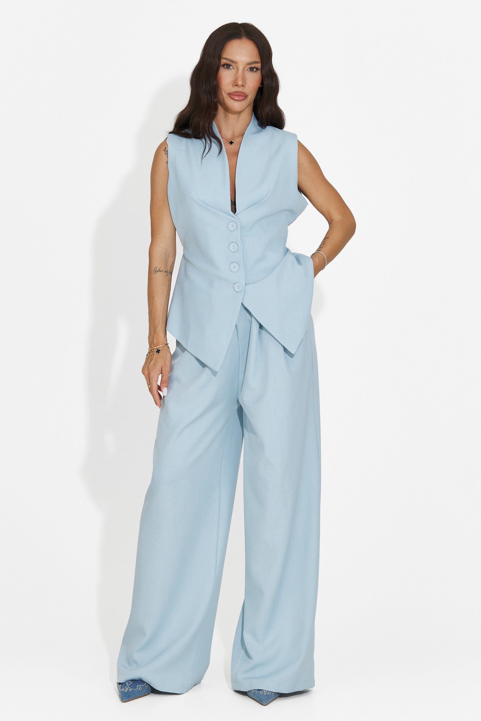 Compleu dama vesta + pantaloni bleu Chelora Bogas