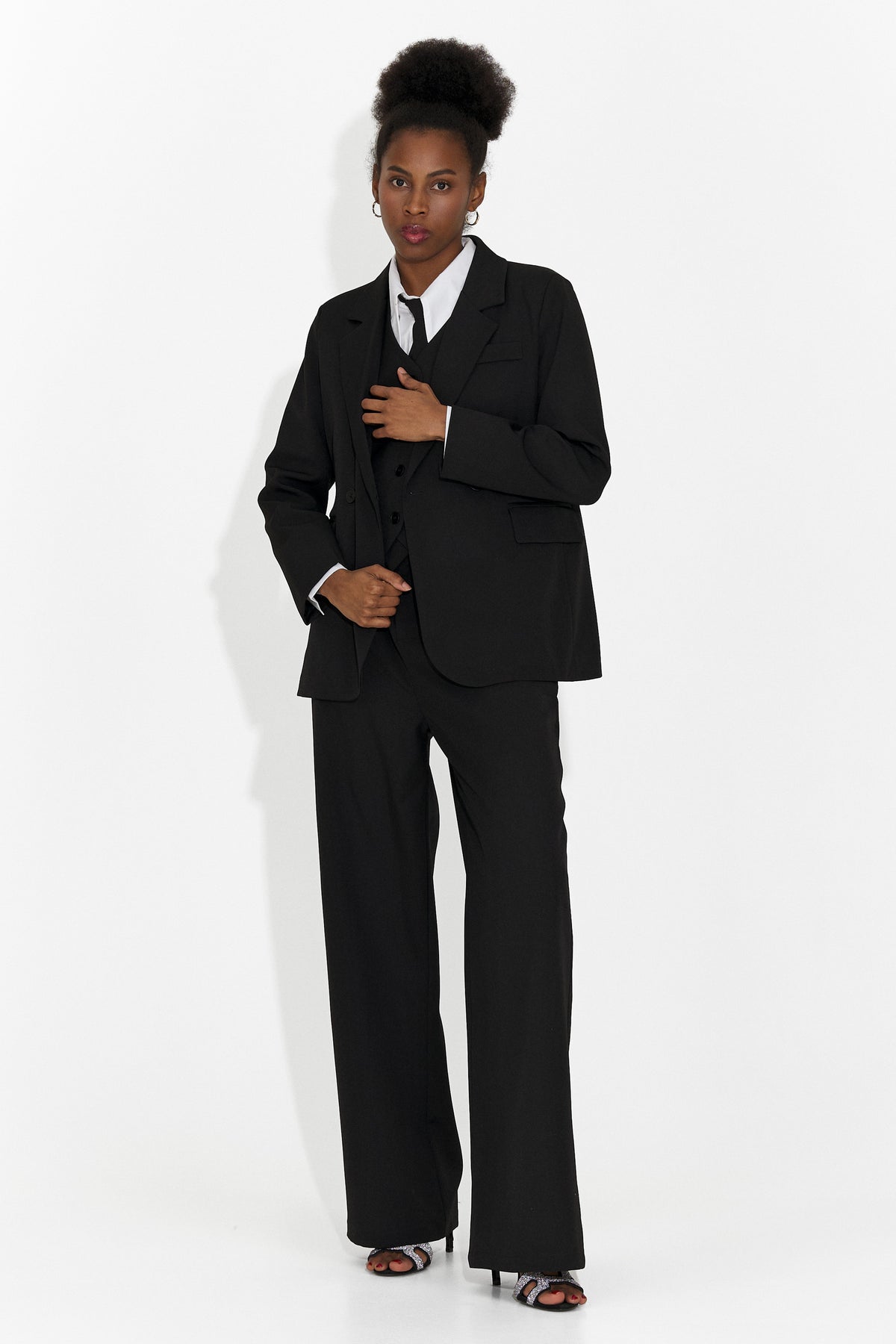 Costum 4 piese pantaloni + vesta + sacou + cravata negru Meldor, imaginea 5 din 10