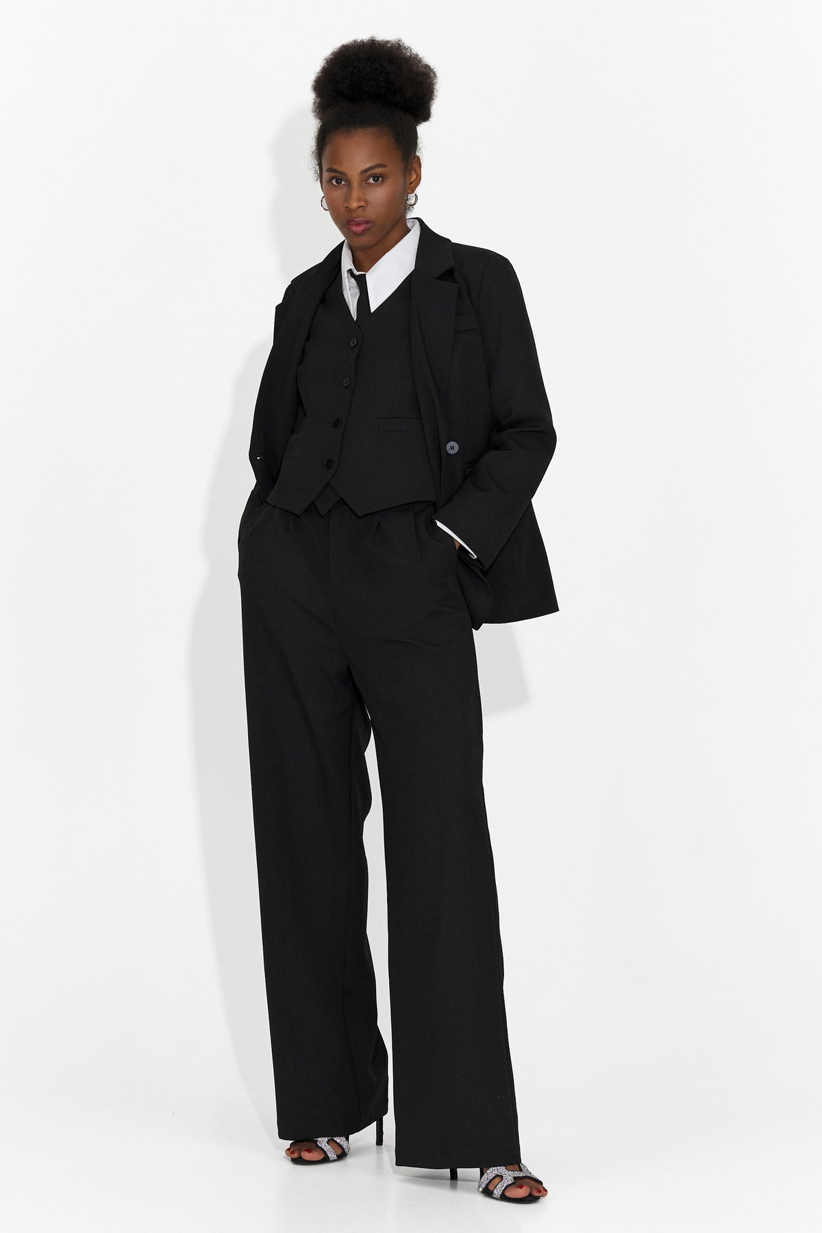 Costum 4 piese pantaloni + vesta + sacou + cravata negru Meldor, imaginea 1 din 10