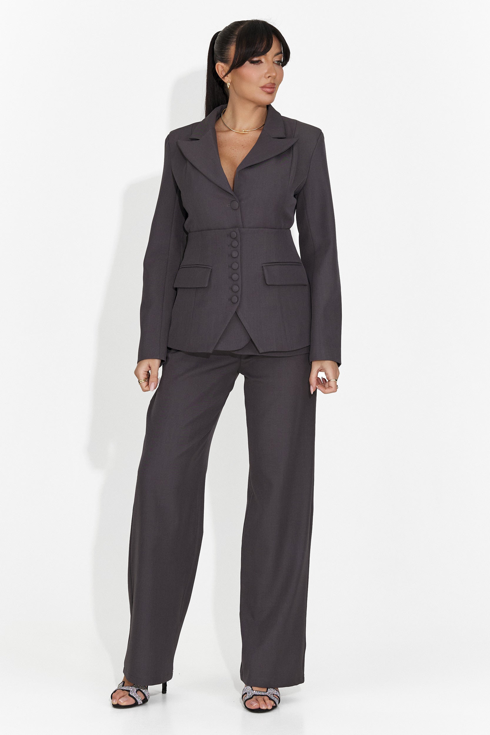 Costum dama 3 piese sacou + corset + pantaloni gri Glimena Boga