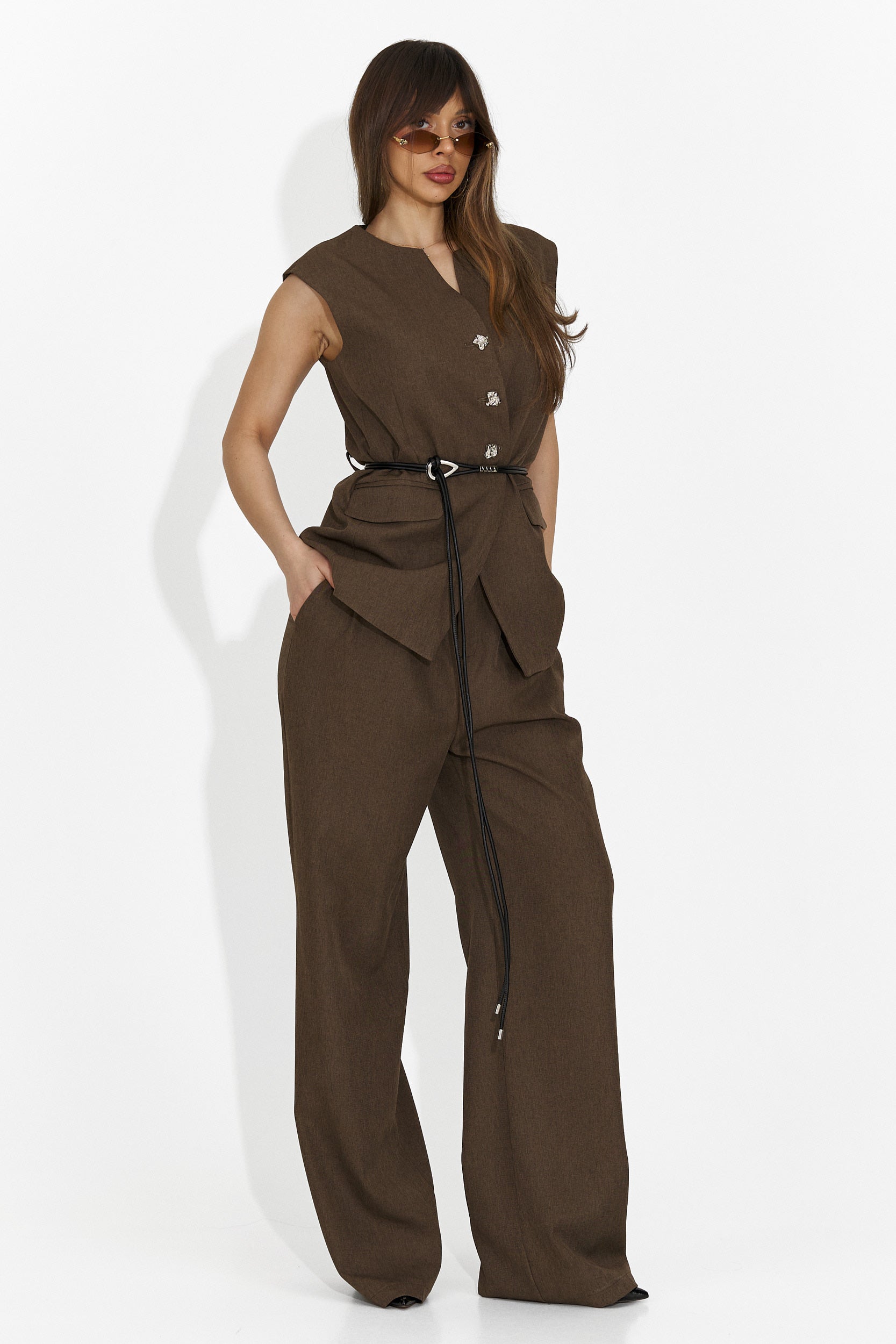 Costum dama vesta + pantaloni maro Avilma Bogas