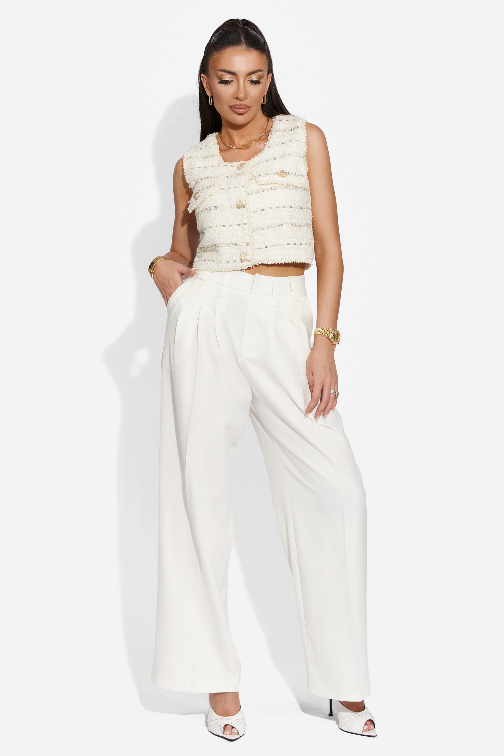 Pantaloni dama eleganti albi Pantsy Bogas